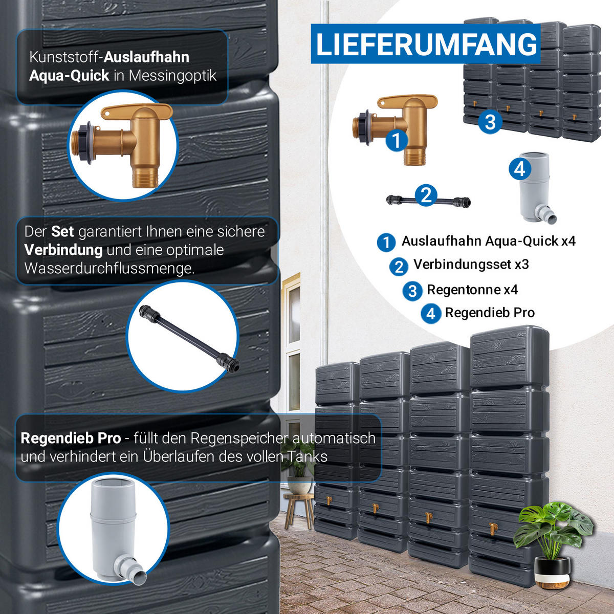 WANDTANK Komplett-Set 1400 L graphite grey 4 x 350 L inkl. Verbindungsset, Kunststoff-Auslaufhahn und Fallrohranschluss - Grau, Kunststoff (270/184/39cm) - 4rain