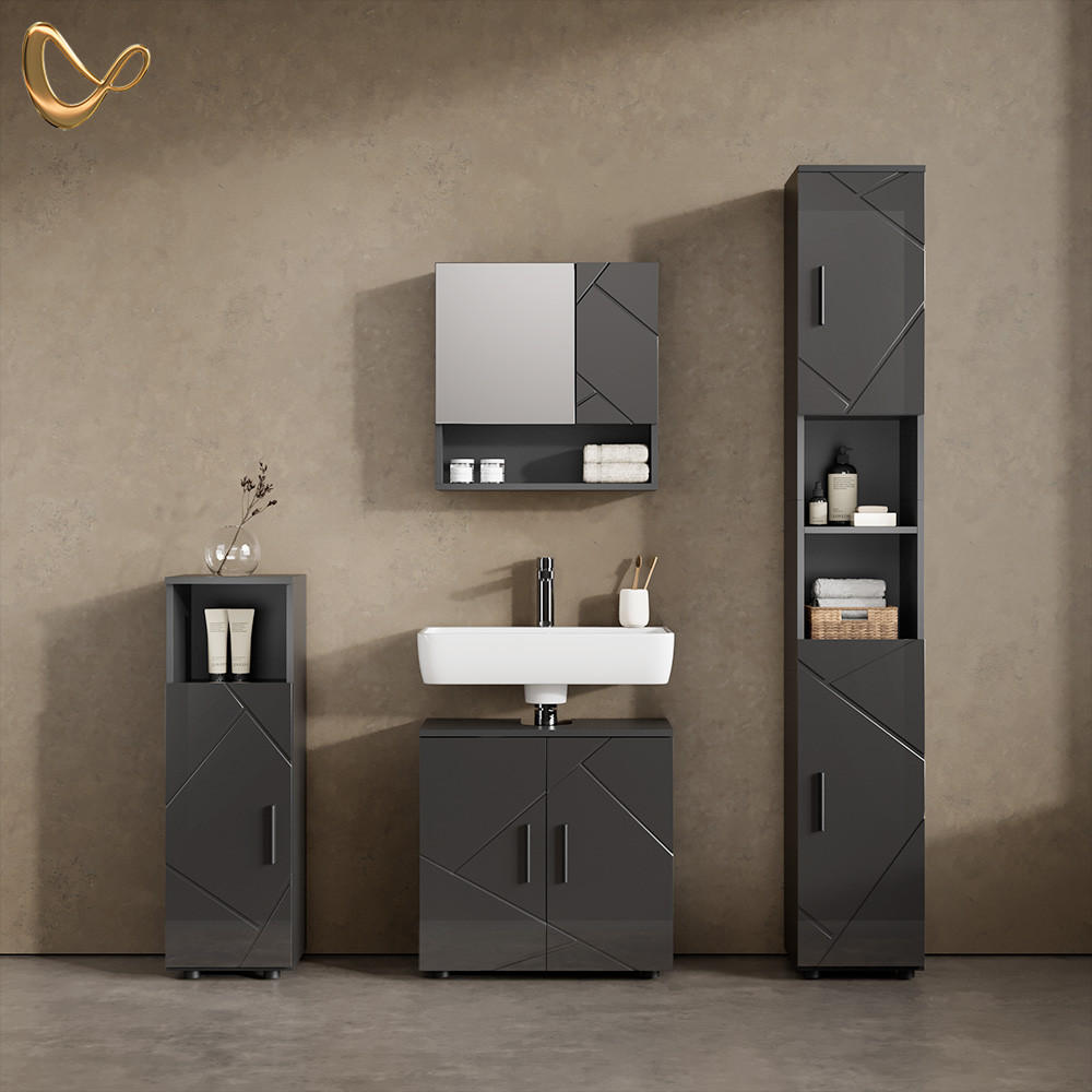BADMÖBEL-SET Ronco Anthrazit Hochglanz 4 Teile, mit Hochschrank - Schwarz Hochglanz/Anthrazit, Holzwerkstoff (60/192/30cm) - Livinity®