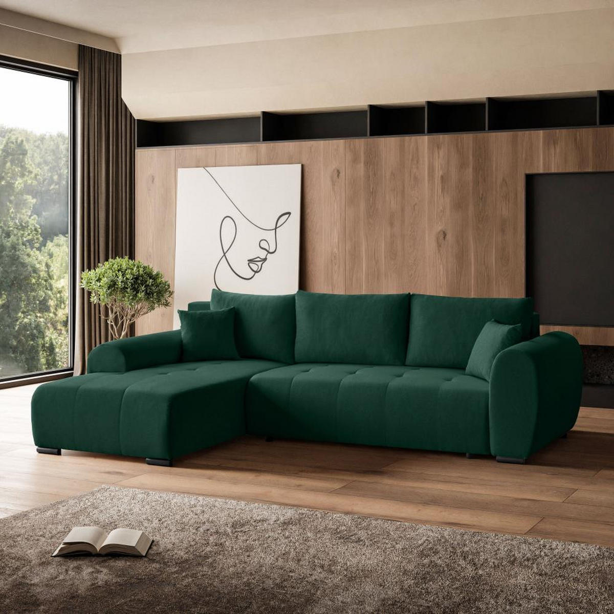ECKSCHLAFSOFA Diana mt Bettkasten dunkelgrün links - Dunkelgrün/Schwarz, Textil (255/175cm) - Beautysofa