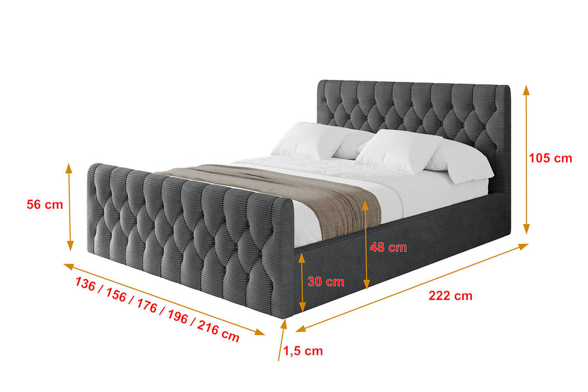 POLSTERBETT mit Bettkasten, Fußteil und Lattenrost, Boxbett mit Matratze H3/H4 - RENO-Z 160x200 Dunkelgrau - Anthrazit, Holzwerkstoff/Textil (160/200cm) - ALTDECOR