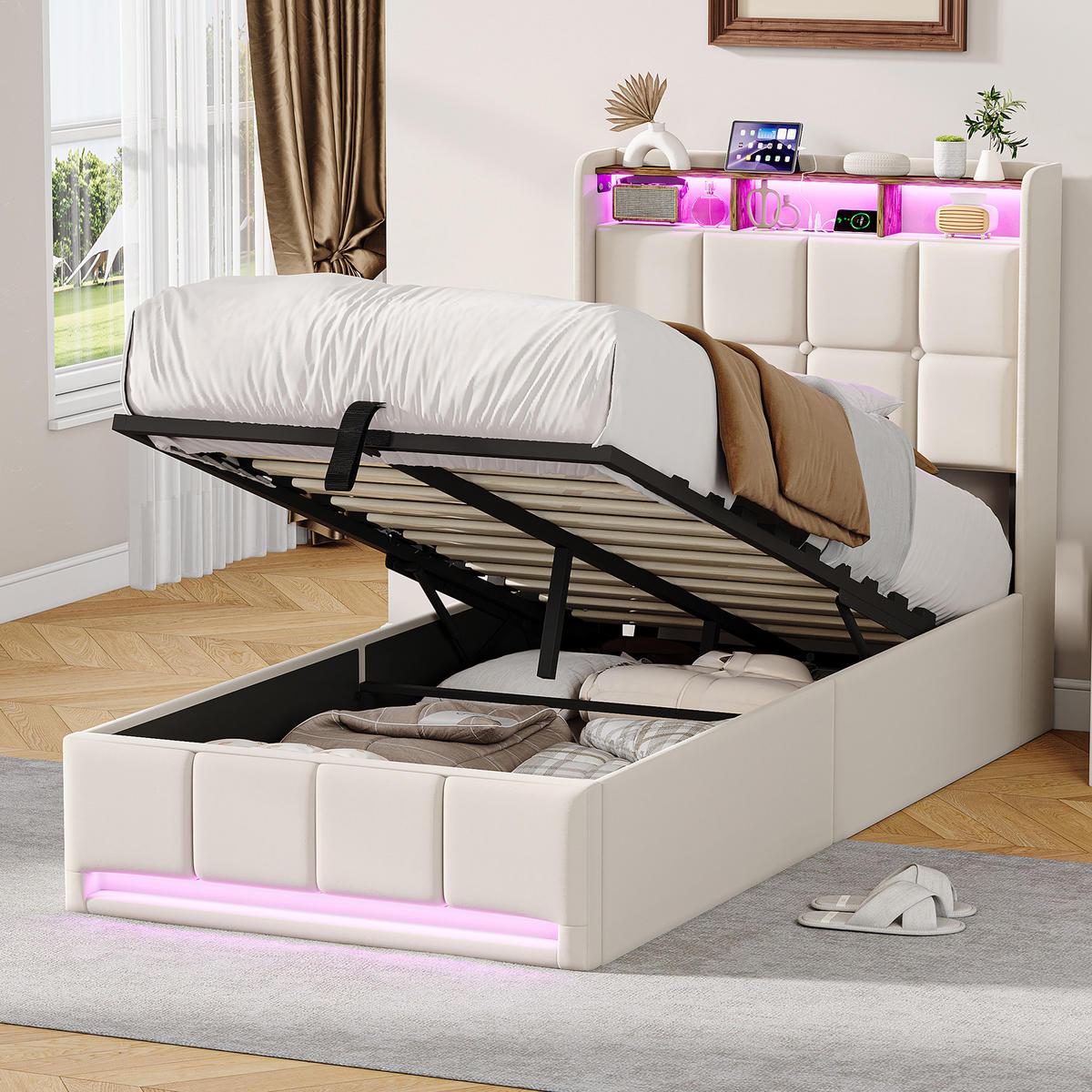 POLSTERBETT 90x200 mit Stauraum, LED & USB, Hydraulikbett, Leinen Beige, Lattenrost - Beige, Holz (90/200cm) - PARAFTA HOME