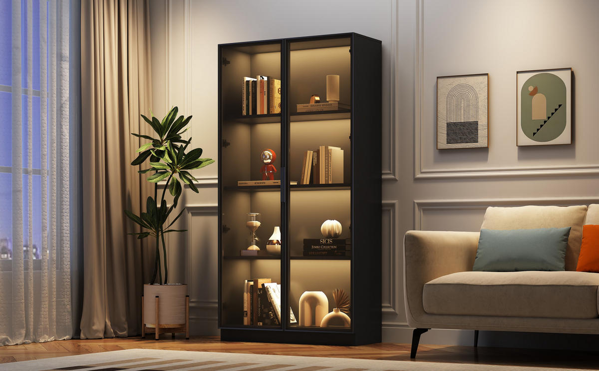 VITRINE aus Spanplatte mit Glastüren und App-LED, 80/40/160 cm, schwarz - Schwarz, Holzwerkstoff (40/160/80cm) - Redom