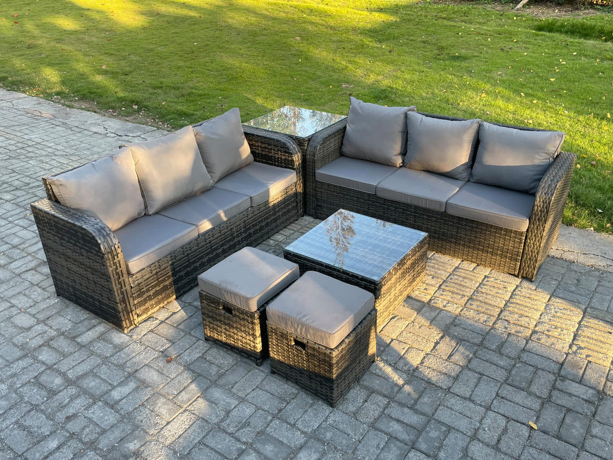 GARTENTISCHGRUPPE Polyrattan Dunkelgrau 6-teilige - Dunkelgrau/Grau, Glas/Kunststoff - Fimous