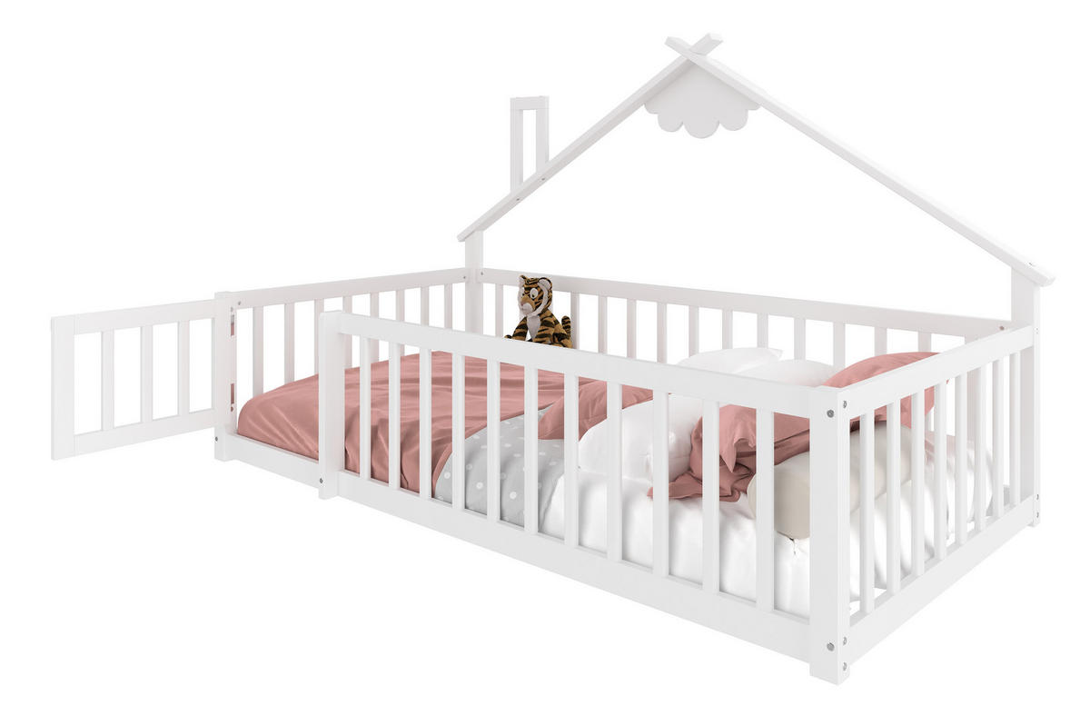 FLACHBETT 90/190 cm Kinderbett aus Kiefernholz mit Geländer und Schloss in Weiß - Weiß, Holz (90/190cm) - OKWISH