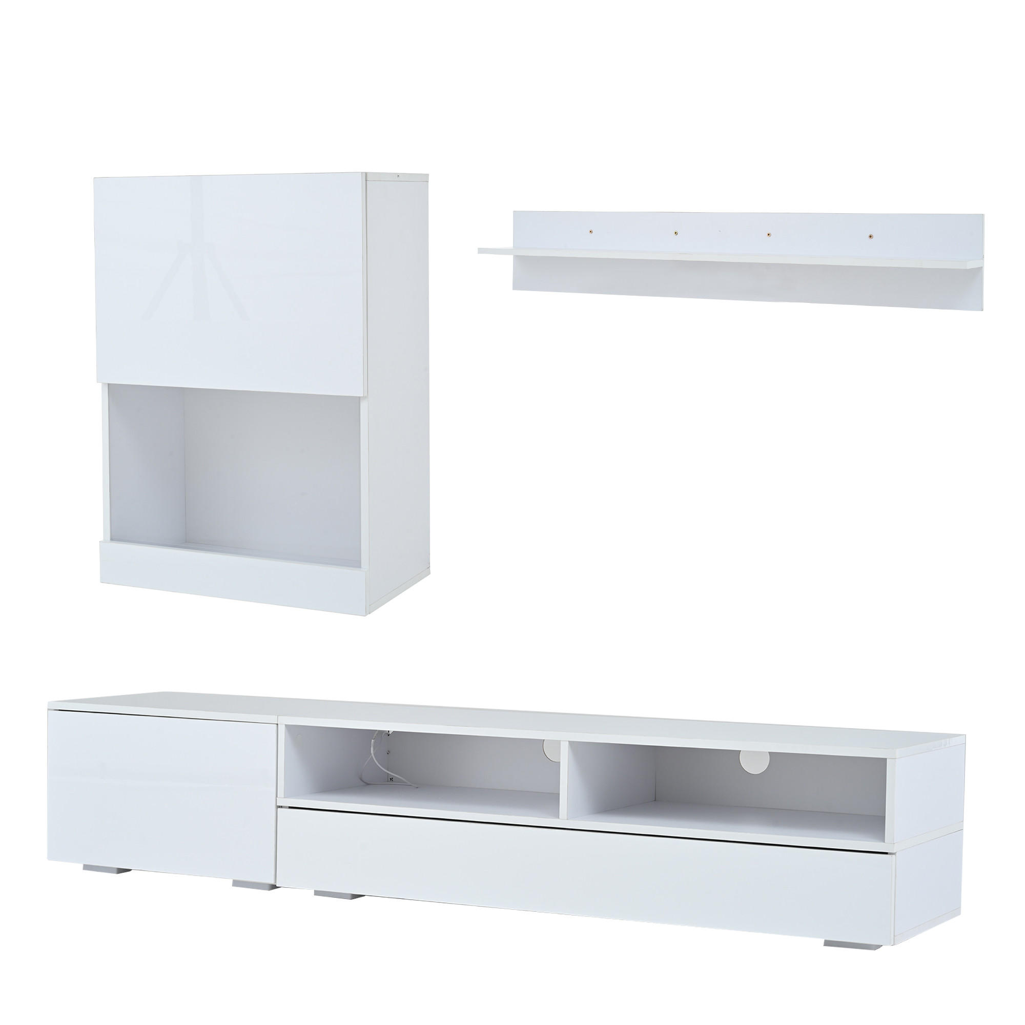 TV-ELEMENT3-TLG 175cm TV-Wohnwand-Set Weiß Hochglanz mit LED für TVs bis 80 Zoll - Weiß, Holz (64.64/13.46/84.71cm) - Raelunyi