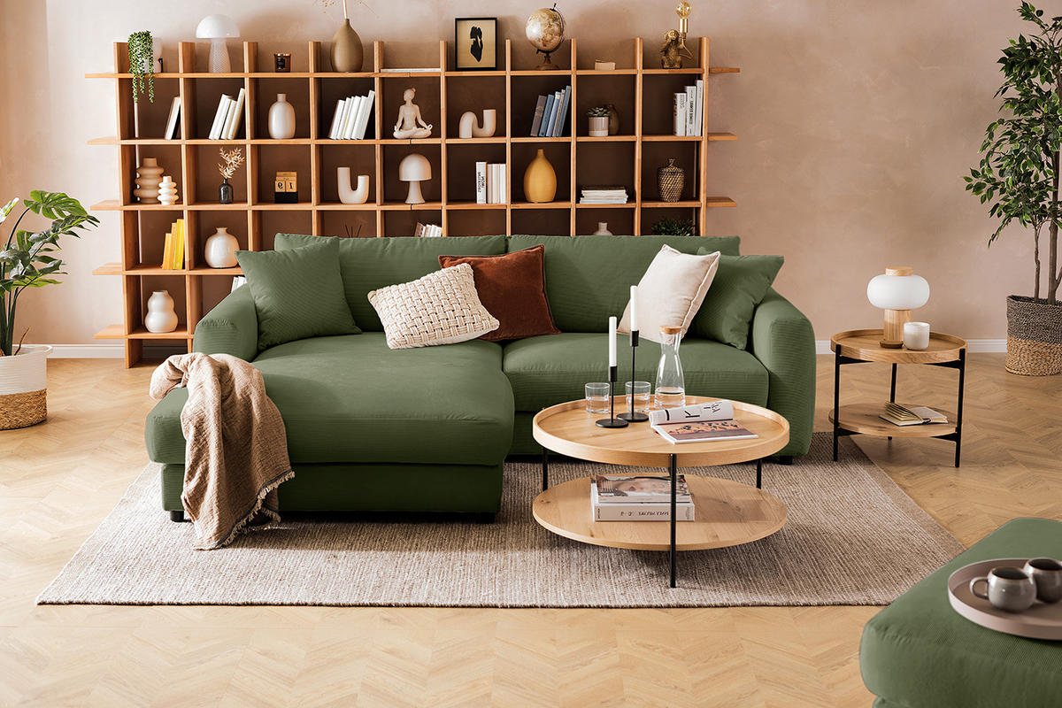 ECKSOFA mit Longchair - Schwarz/Grün, Holz/Kunststoff (238/183cm) - home24