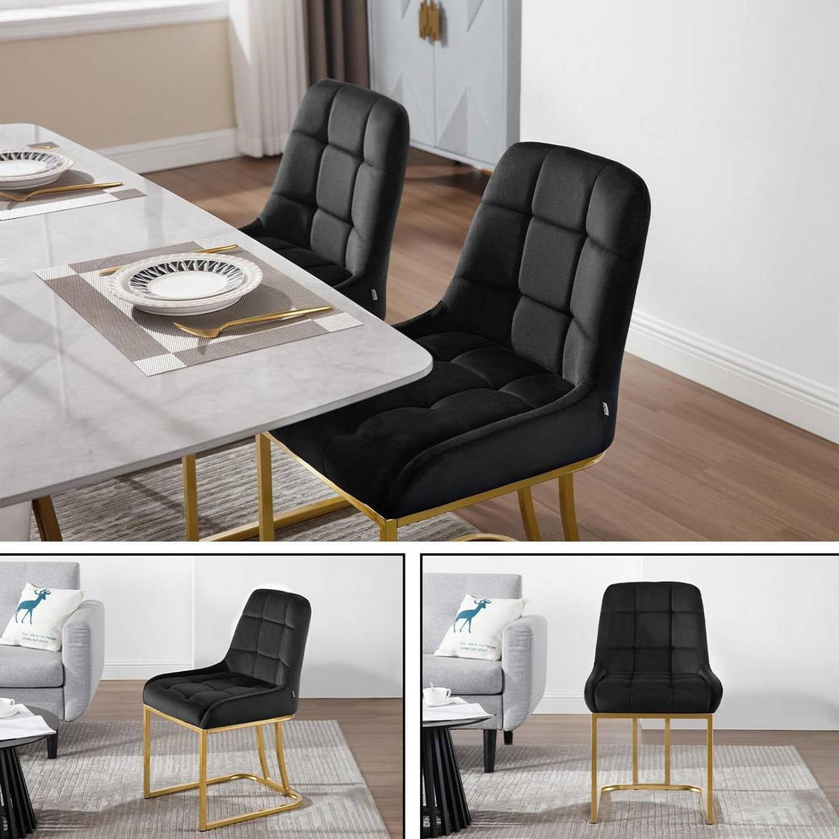 ESSZIMMERSTUHL 2er Set Beine in Bogenform, Samt, Schwarz - Goldfarben/Schwarz, Kunststoff/Textil (47.5/84/57.5cm) - Woltu