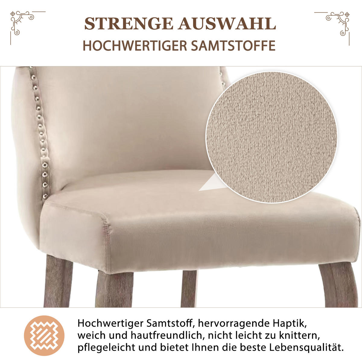 ESSZIMMERSTUHL 2er Set Samt Polster Massivholz Beige - Beige, Textil (50/91/45cm) - FLIEKS