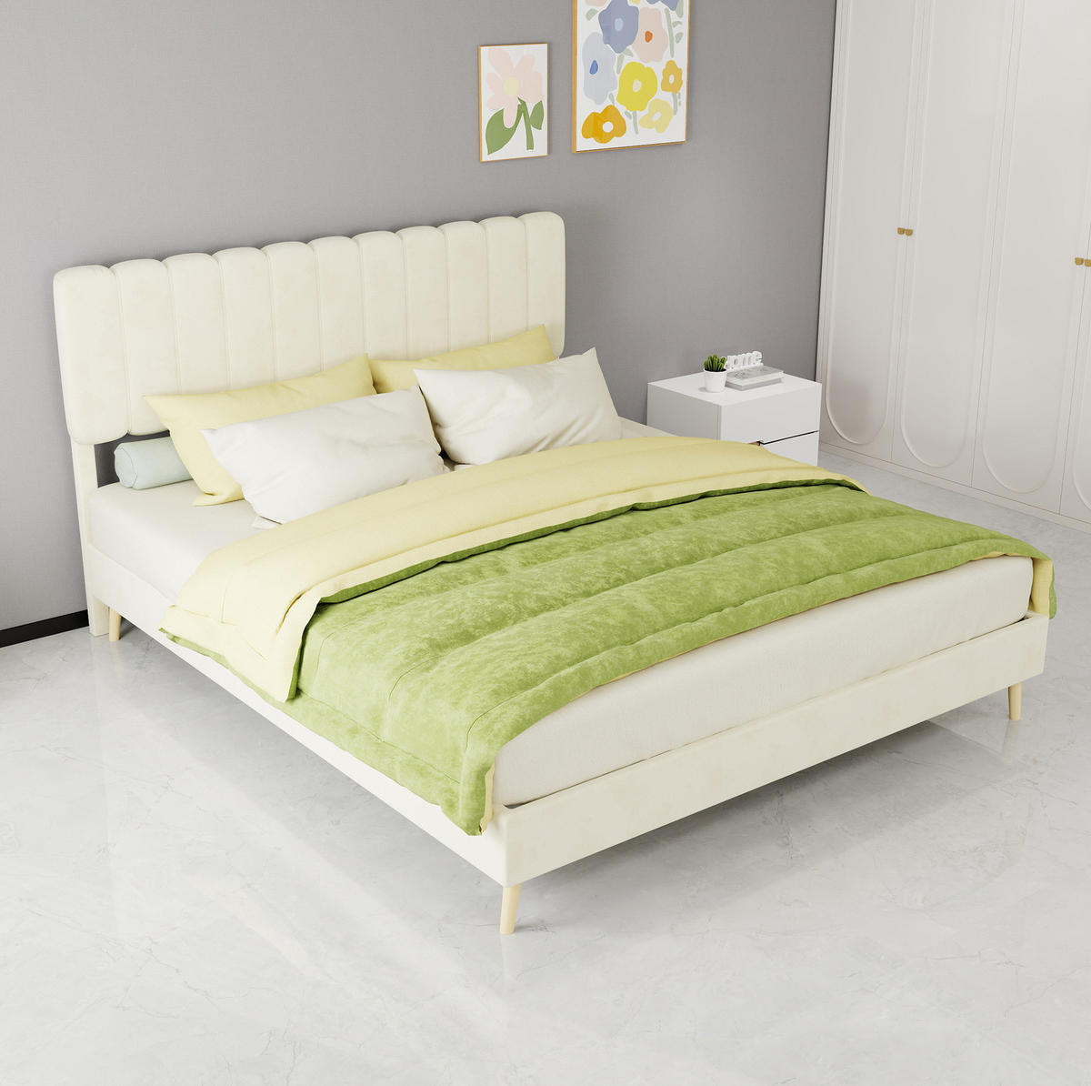 POLSTERBETT aus Stoff und Metall 160x200 cm Beige mit hoher Samtkopfteil und Matratze - Beige, Textil (160/200cm) - IVMEU