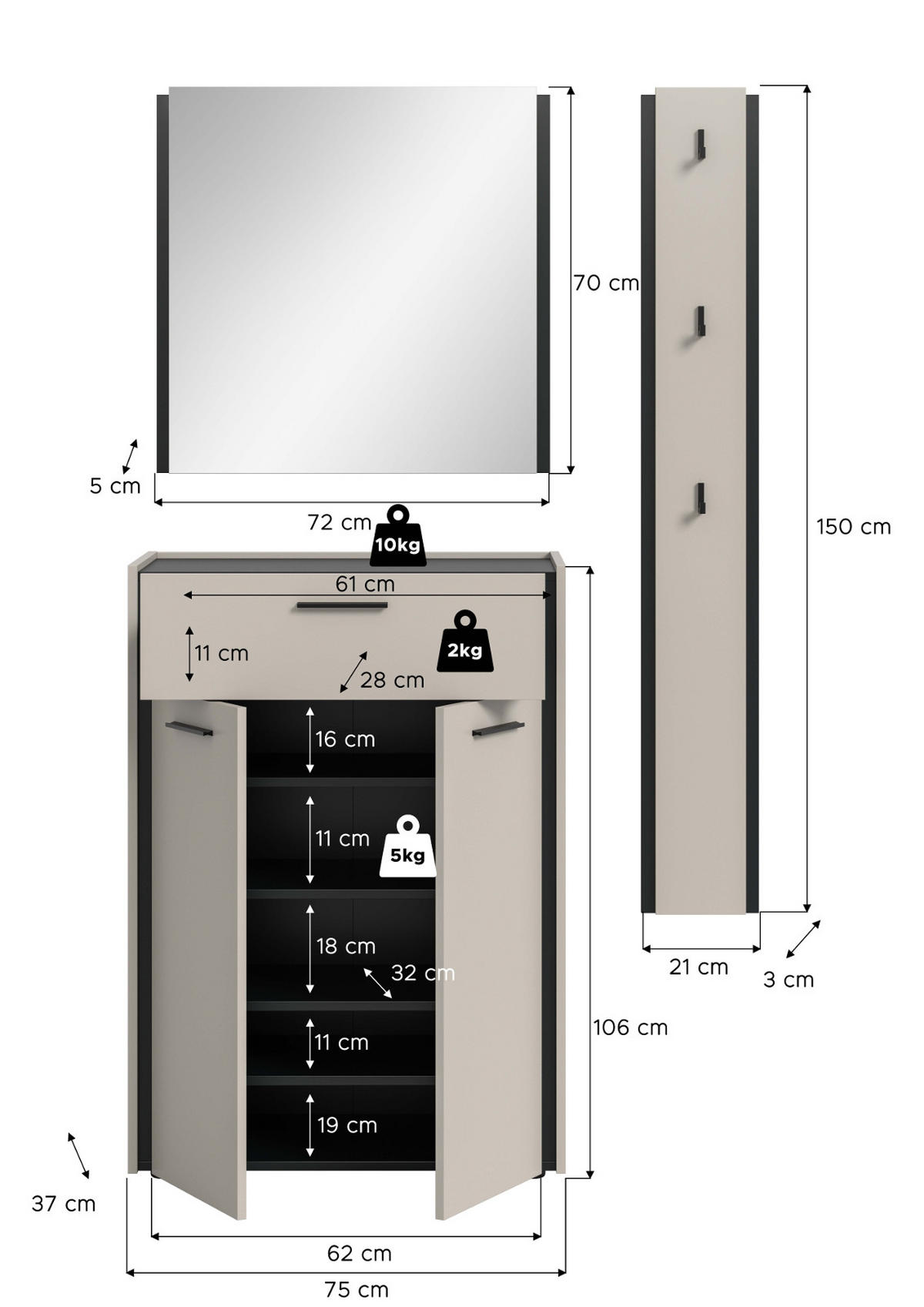 GARDEROBEN-SET 3-teilig Kaschmir 111 x 190 cm, Garderobenkombination mit Soft-Close - Kaschmir/Schwarz, Holzwerkstoff/Kunststoff (111/190/37cm) - Inn.Furn