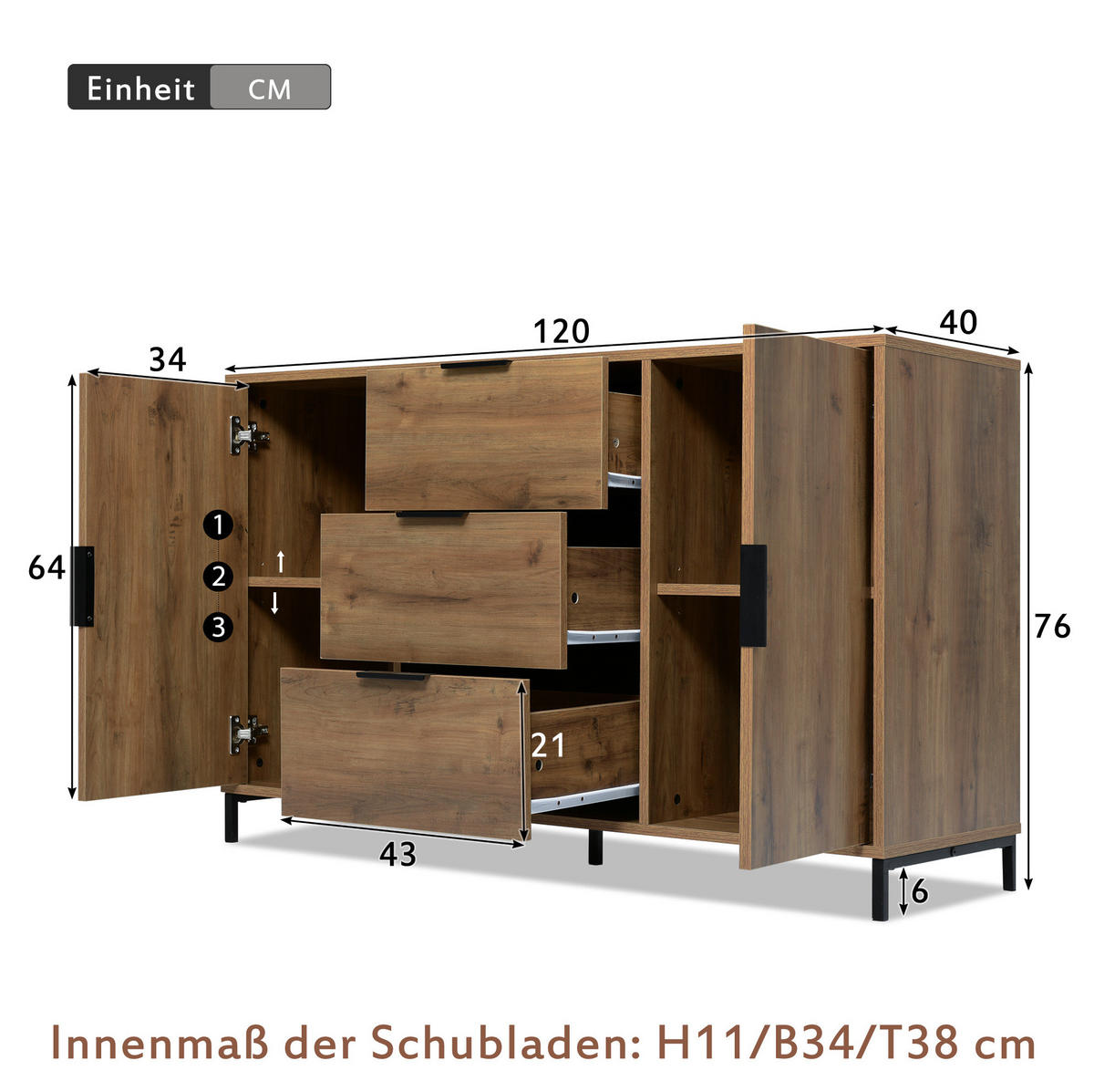 KOMMODE 120/40/76 cm in Dunkle Eiche mit 2 Türen, 3 Schubladen und Metallgestell - Nussbaumfarben, Holzwerkstoff (120/76/40cm) - Flora Grace
