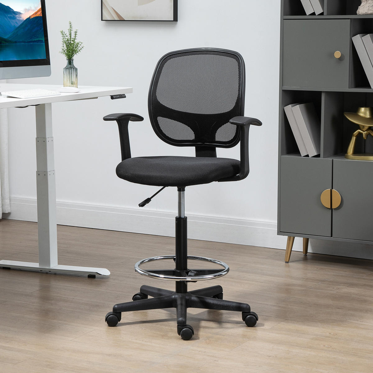 ARBEITSSTUHL Mesh Zeichenstuhl 360° Bürostuhl mit Fußring höhenverstellbar - Schwarz, Kunststoff/Textil (56/132/60cm) - Vinsetto