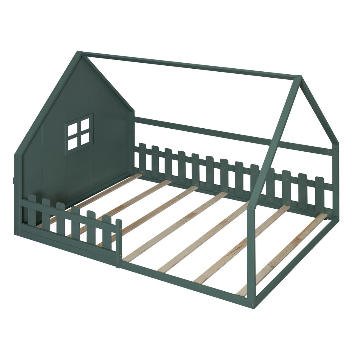 KINDERBETT 140/200 cm in Hausform mit Geländer aus Kiefer und MDF, Grün - Grün, Holzwerkstoff (140/200cm) - Redom