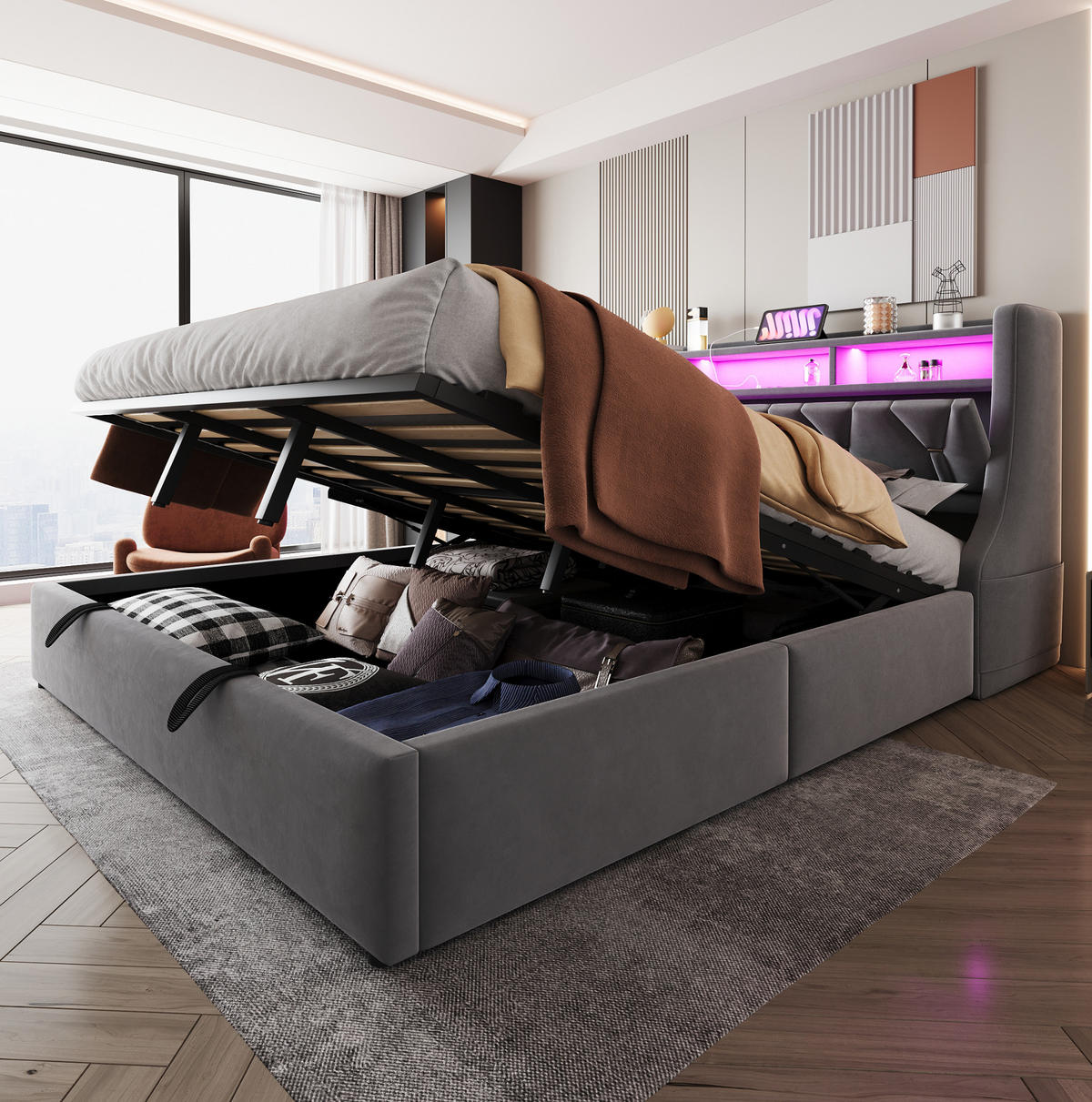 POLSTERBETT 180/200 cm Grau mit Stauraum LED-Beleuchtung und USB- und Type-C-Anschlüssen Samt - Grau, Textil (180/200cm) - OKWISH