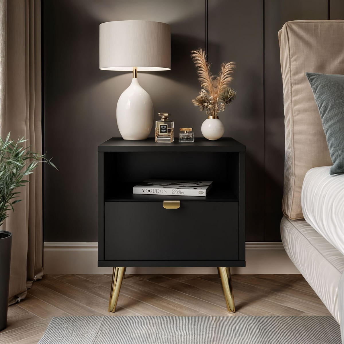 NACHTTISCH ALDO mit LED-Beleuchtung schwarz - Schwarz, Holzwerkstoff (38/46/33cm) - Lookway