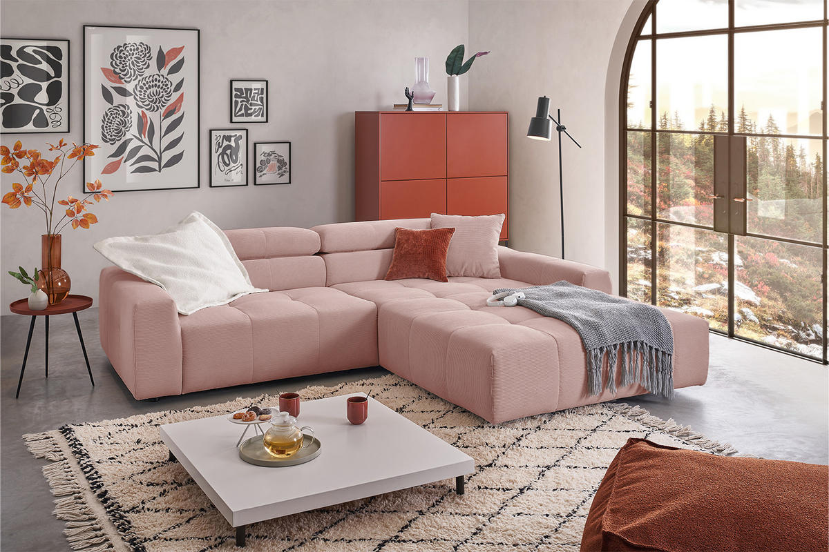 ECKSOFA RENO Pink Cord - Pink/Schwarz, Kunststoff/Textil (258/217cm) - KAWOLA