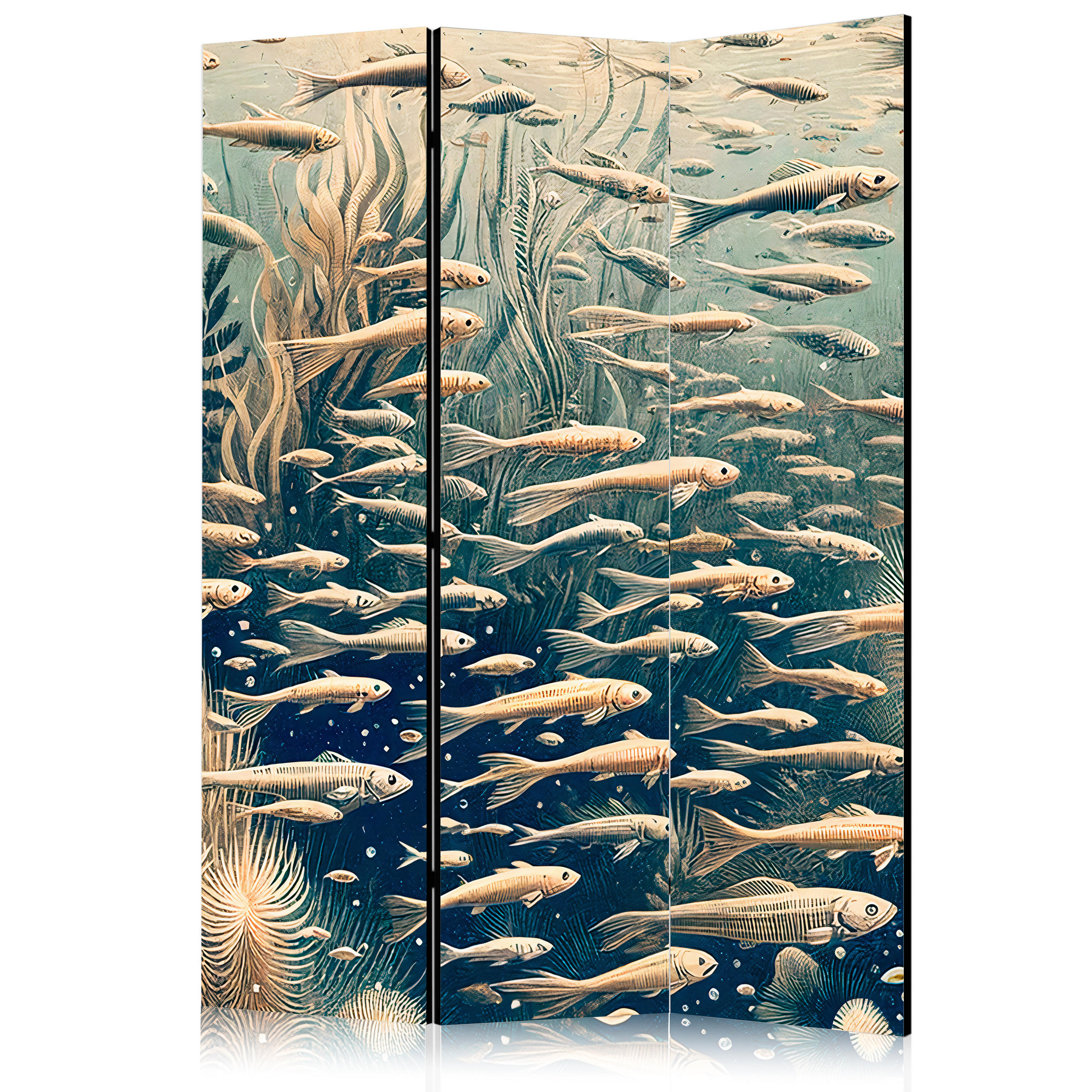 PARAVENT Einseitig Bedruckter 3-tlg 135x172 cm Fische Im Ozean Boho - Beige, Holz/Textil (135/172/3cm) - Muralo