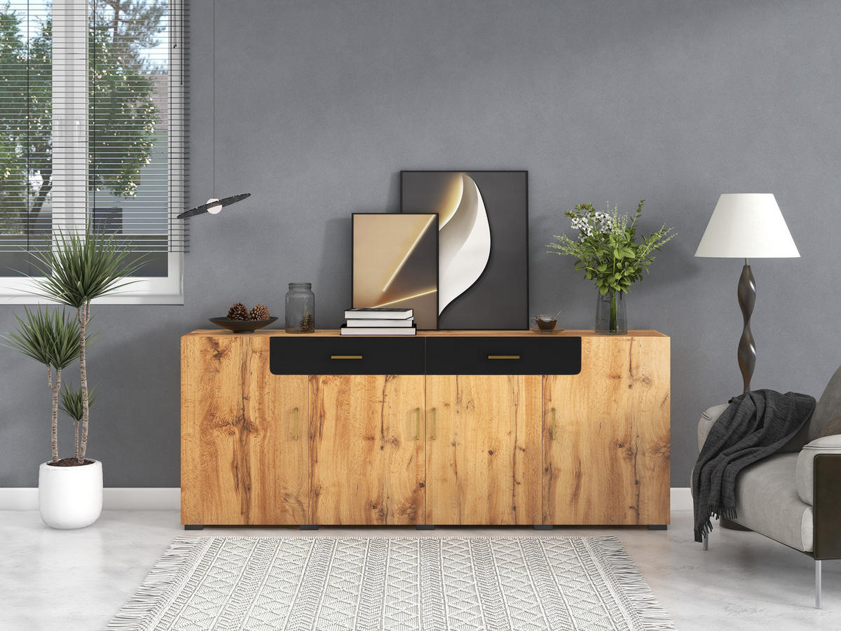 SIDEBOARD 208/39,5/80 cm, 2 Schubladen und 4 Türen, braun/weiß-marmoriertes Design, Spanplatte/MDF, braun/weiß - Braun, Holzwerkstoff (208/80/39.5cm) - Redom