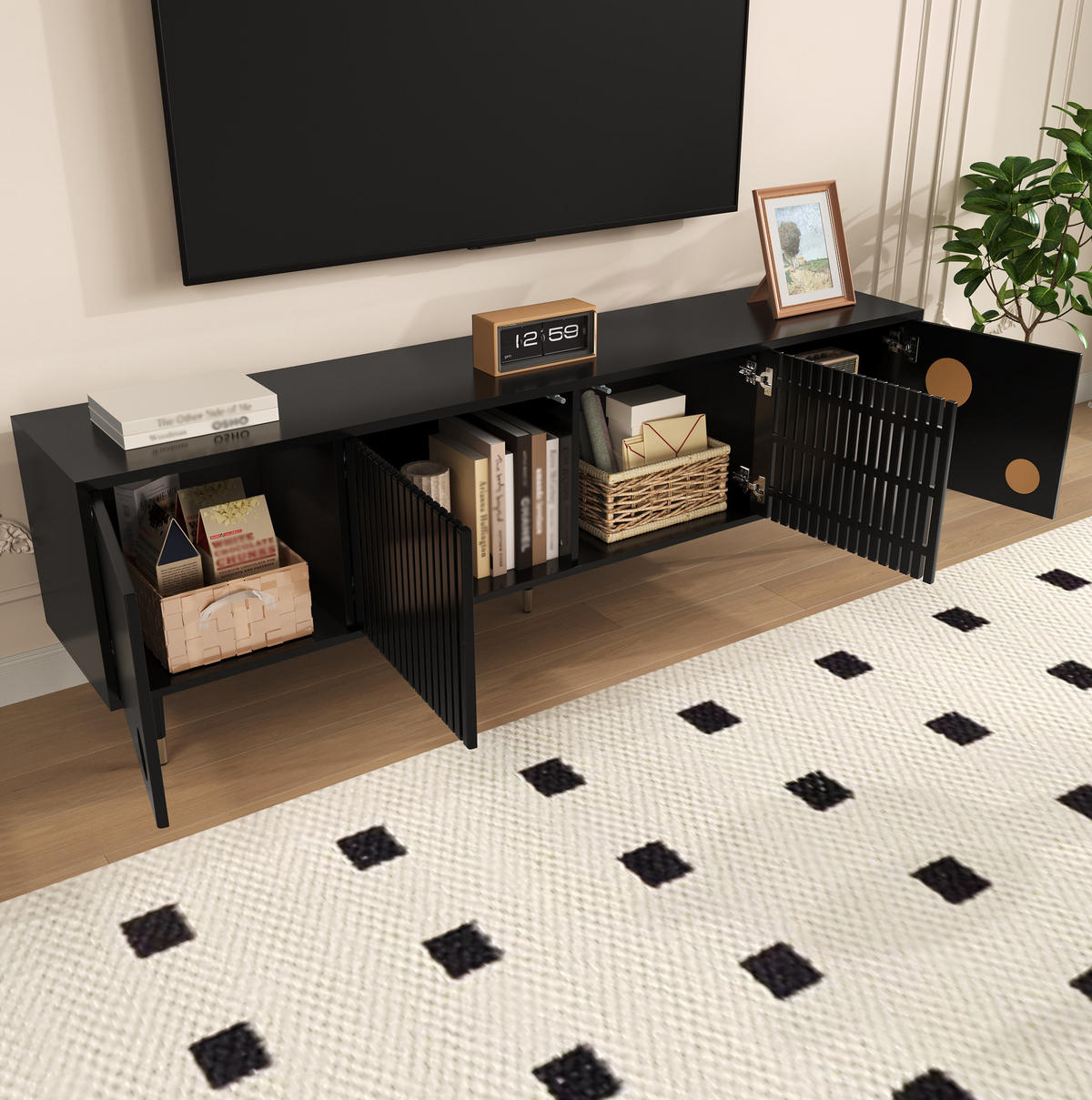 TV-SCHRANK in Schwarz mit 4 Türen, Gitterfront und Golddetails 170/36/54 cm - Schwarz, Holzwerkstoff (170/54/36cm) - Redom