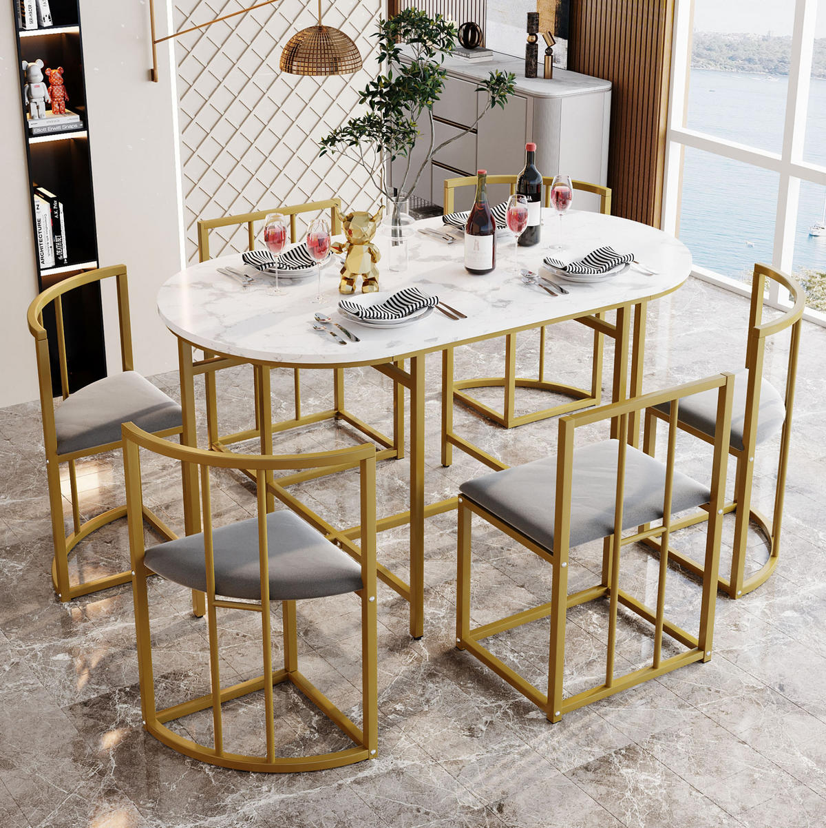 JÍDELNÍ sestava pro 6 osob bílá z MDF se zlatým kovovým rámem a židlemi s opěrkami - bílá, kompozitní dřevo (140/76/80cm) - OKWISH