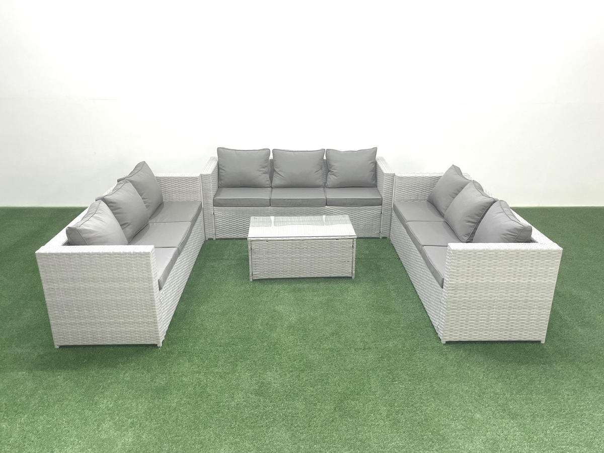 GARTENSET mit 3-SITZER SOFA,COUCHTISCH Polyrattan Hellgrau-Mix 9-Sitzer - Hellgrau/Grau, Glas/Kunststoff - Fimous