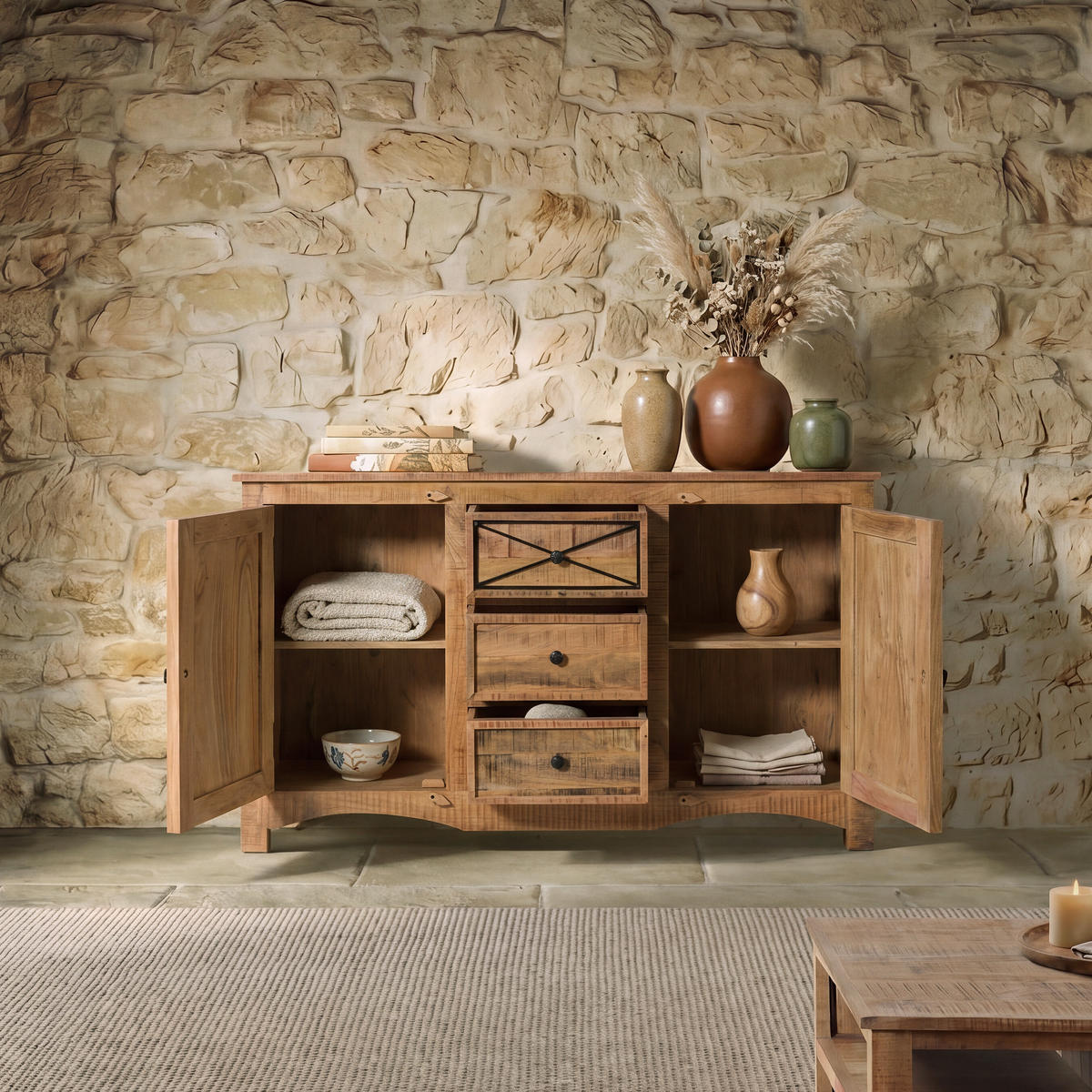 SIDEBOARD Akazie 150x38x85 natur versiegelt NATURE OF SPIRIT #205 - Naturfarben, Holz (150/85/38cm) - Massivmoebel24