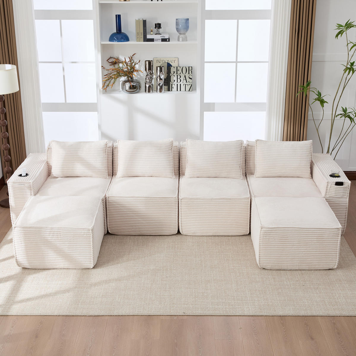 WOHNLANDSCHAFT 330/162/75 cm Beige mit 2 Fußhocker, Getränkehalter und Seitentaschen - Beige, Textil (330/75/162cm) - Oxeza