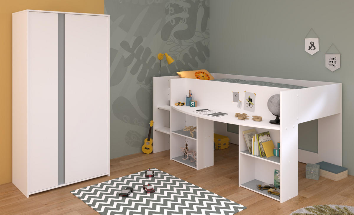 KINDERZIMMER in weiß Set 2-tlg. mit Kleiderschrank und Hochbett 90x200 - Weiß/Rosa, Holz/Holzwerkstoff (205/182/104cm) - Parisot Meuble