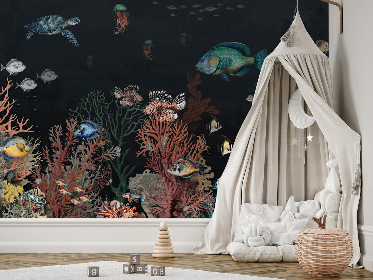 FOTOTAPETE für Badezimmer Bunter Unterwasser Pflanzen Riff Fische 150x105 - Rot/Schwarz, Papier (150/105cm) - Muralo