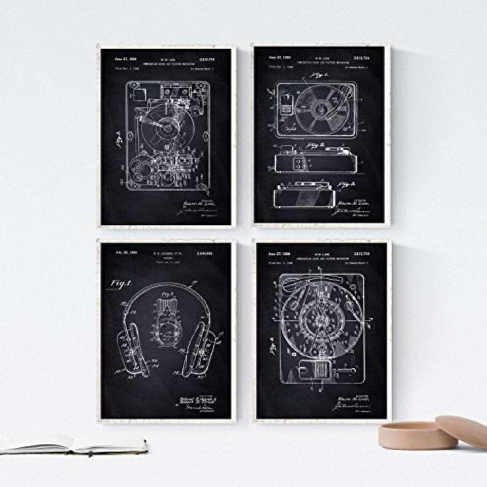 POSTER Set mit 4 Schwarz Drehscheibe Patenten A4 Schwarzer Rahmen - Schwarz, Papier (29.7/3cm) - Nacnic