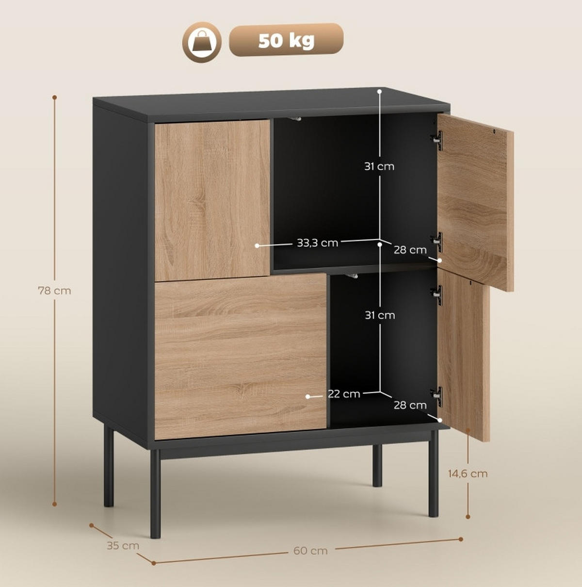 SIDEBOARD mit Push-to-Open Türen und Metallbeinen in Schwarz/Naturholzoptik - Schwarz, Holz (60/78/35cm) - BEAOK