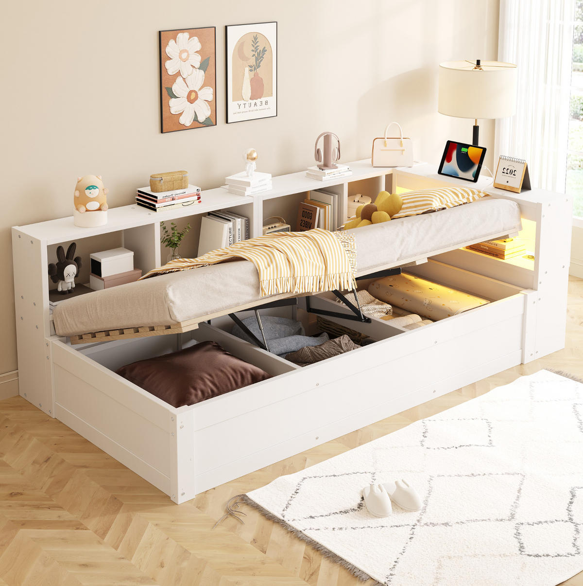 BETT 90/200 cm aus MDF mit LED, Steckdose, Weiß - Weiß, Holzwerkstoff (90/200cm) - OKMYHOME
