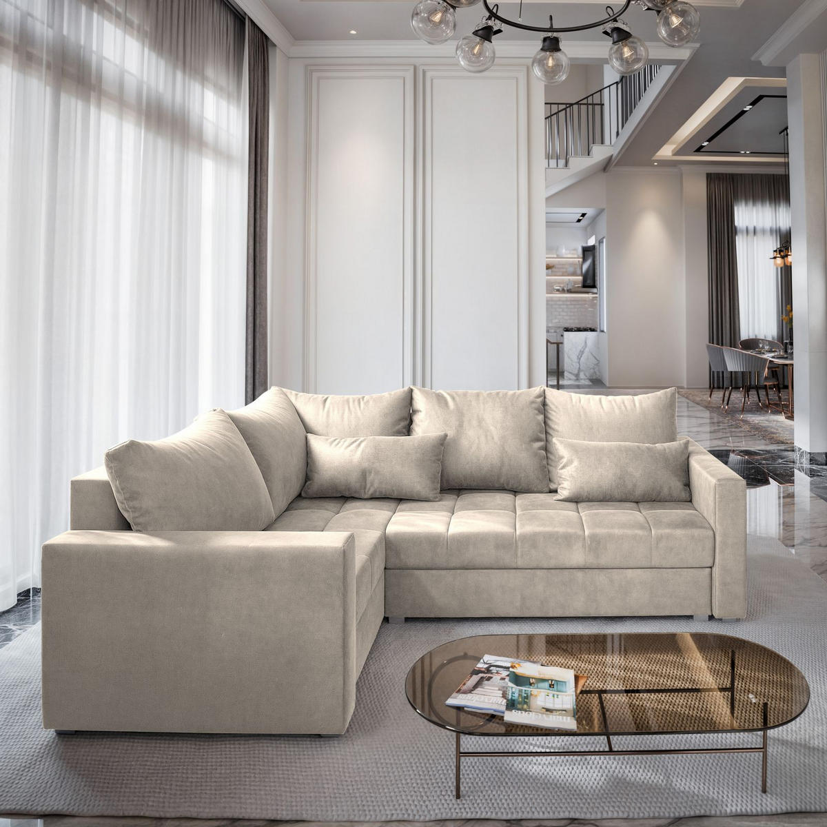 ECKSOFA LIRENO L-S Beige Plüsch-Stoff mit Schlaffunktion - Beige, Holz (220/153cm) - MASSENO