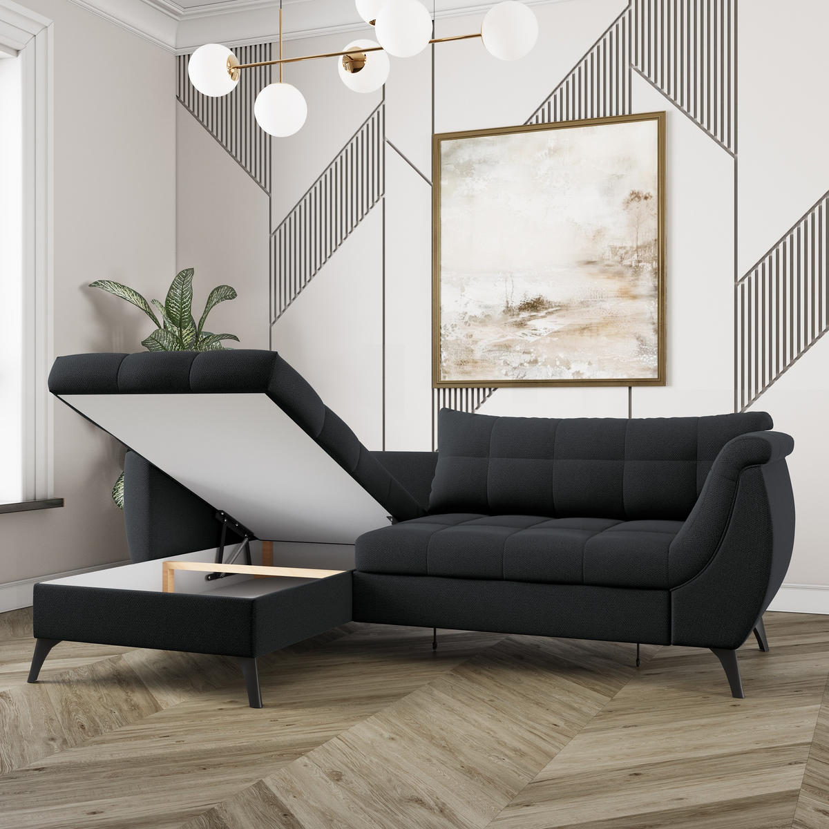 ECKSOFA MOLLIS Schwarz Geflochtener-Stoff mit Schlaffunktion - Schwarz, Holz (241/154cm) - MASSENO