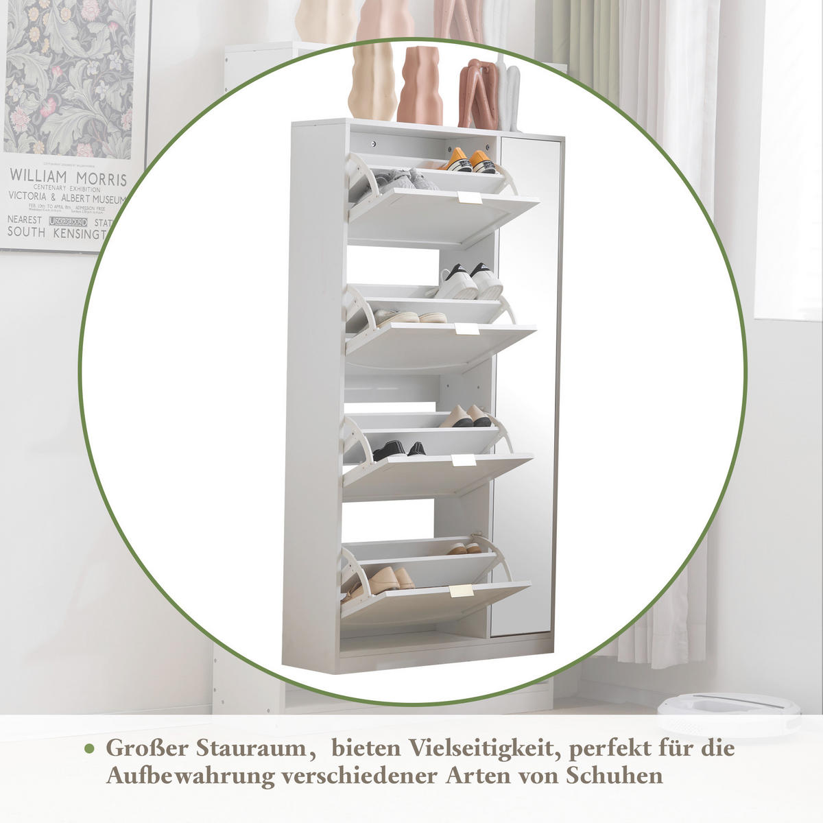 SCHUHSCHRANK in Weiß Schuhkommode mit Spiegel 4 klappbaren Fächern verstellbares Regal hinter Spiegel ,B80/T24/H147cm - Weiß, Glas/Holzwerkstoff (80/147/24cm) - STILVORA