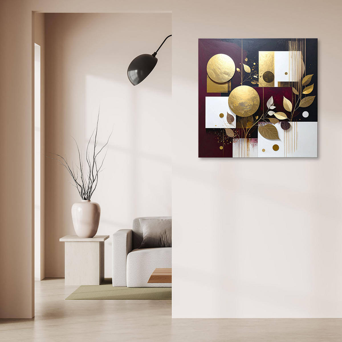 BILD auf Leinwand, Abstrakt Kreise Blätter in Bordeaux und Gold - Rot, Textil (20/20cm) - Feeby