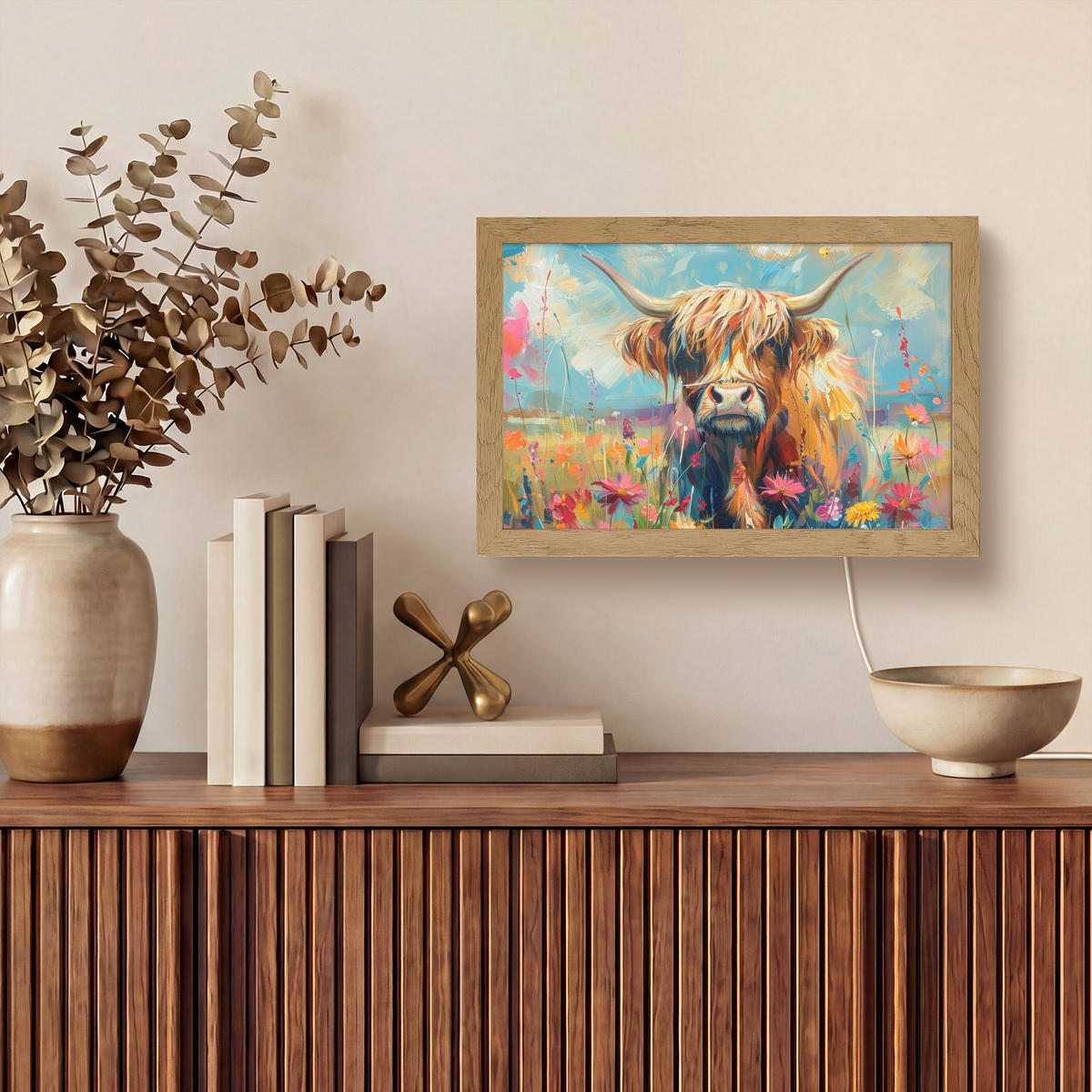 NÁSTĚNNÁ LAMPA Skotský horal - Příroda - Barevné - Květiny 30x20 cm - různobarevná, kompozitní dřevo (30/20/8cm) - OnlyWow