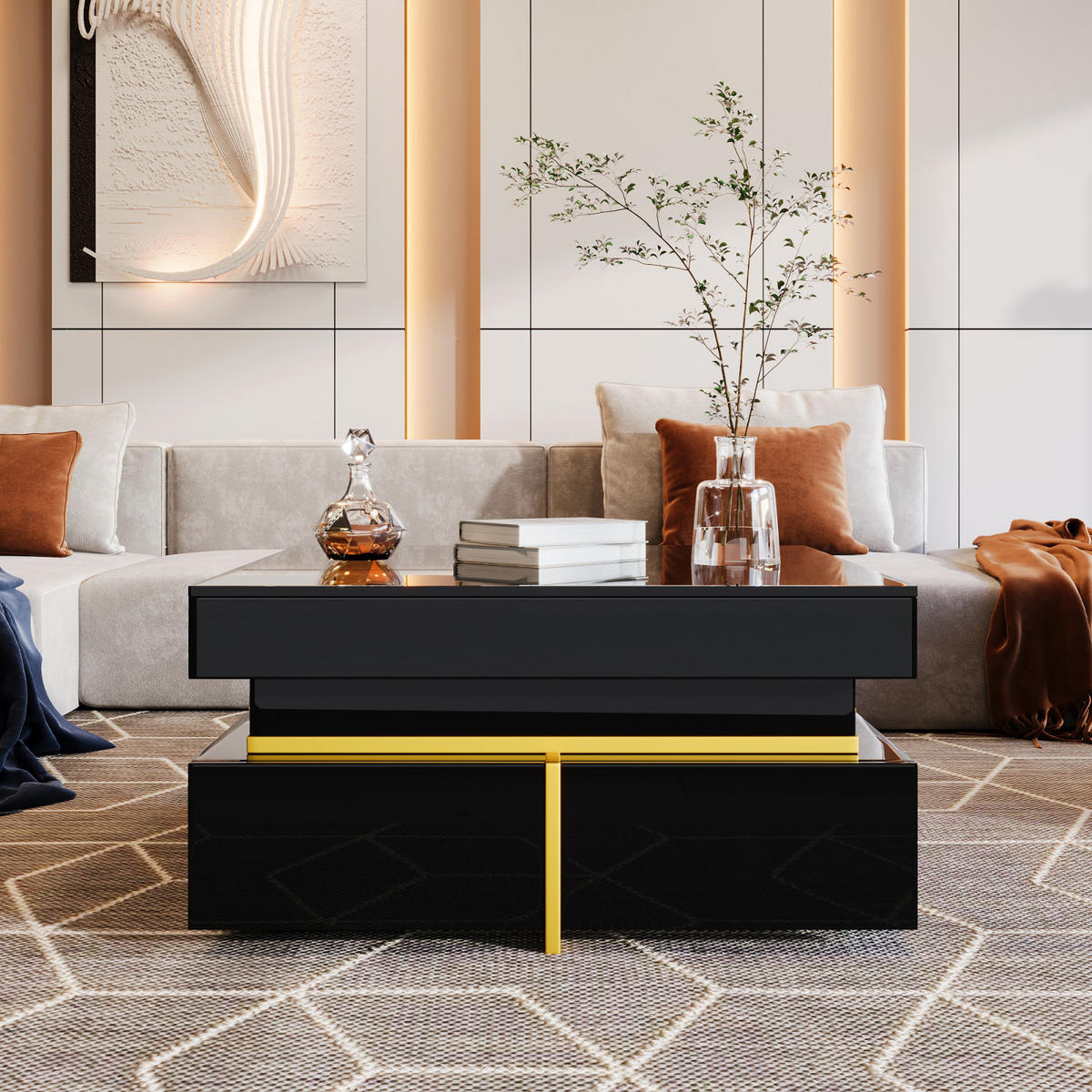 COUCHTISCH Schwarz Gold mit 2 Schubladen und Zierstreifen - Schwarz, Metall (70/70/35cm)