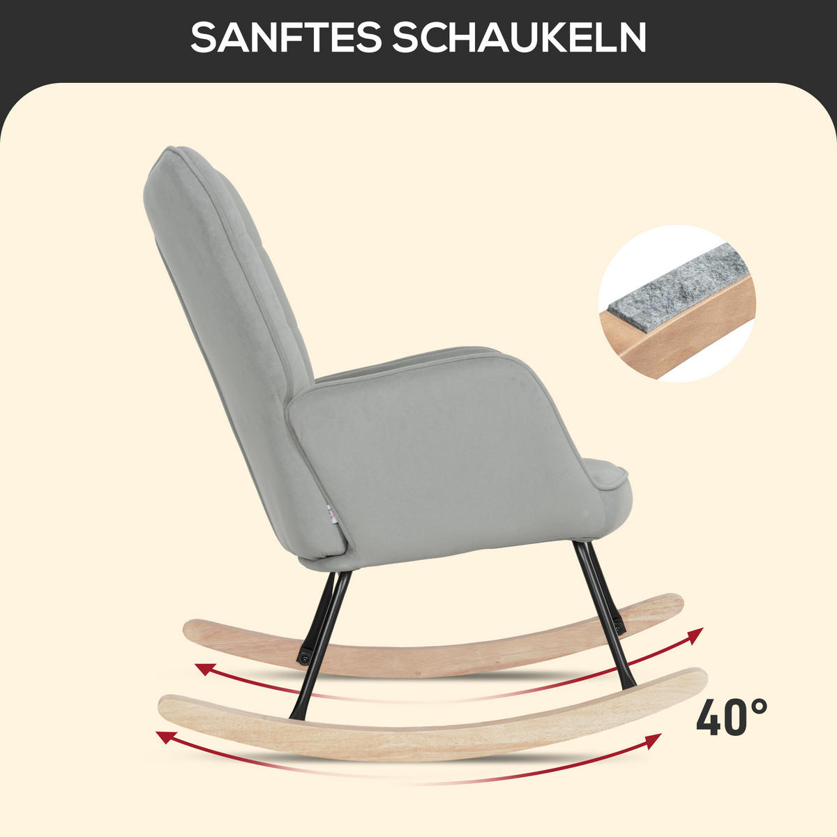 SCHAUKELSTUHL, Schaukelsessel mit Samtoptik, Armlehne für Wohnzimmer, Hellgrau - Hellgrau/Naturfarben, Buchenholz/Textil (98/101/71cm) - HOMCOM