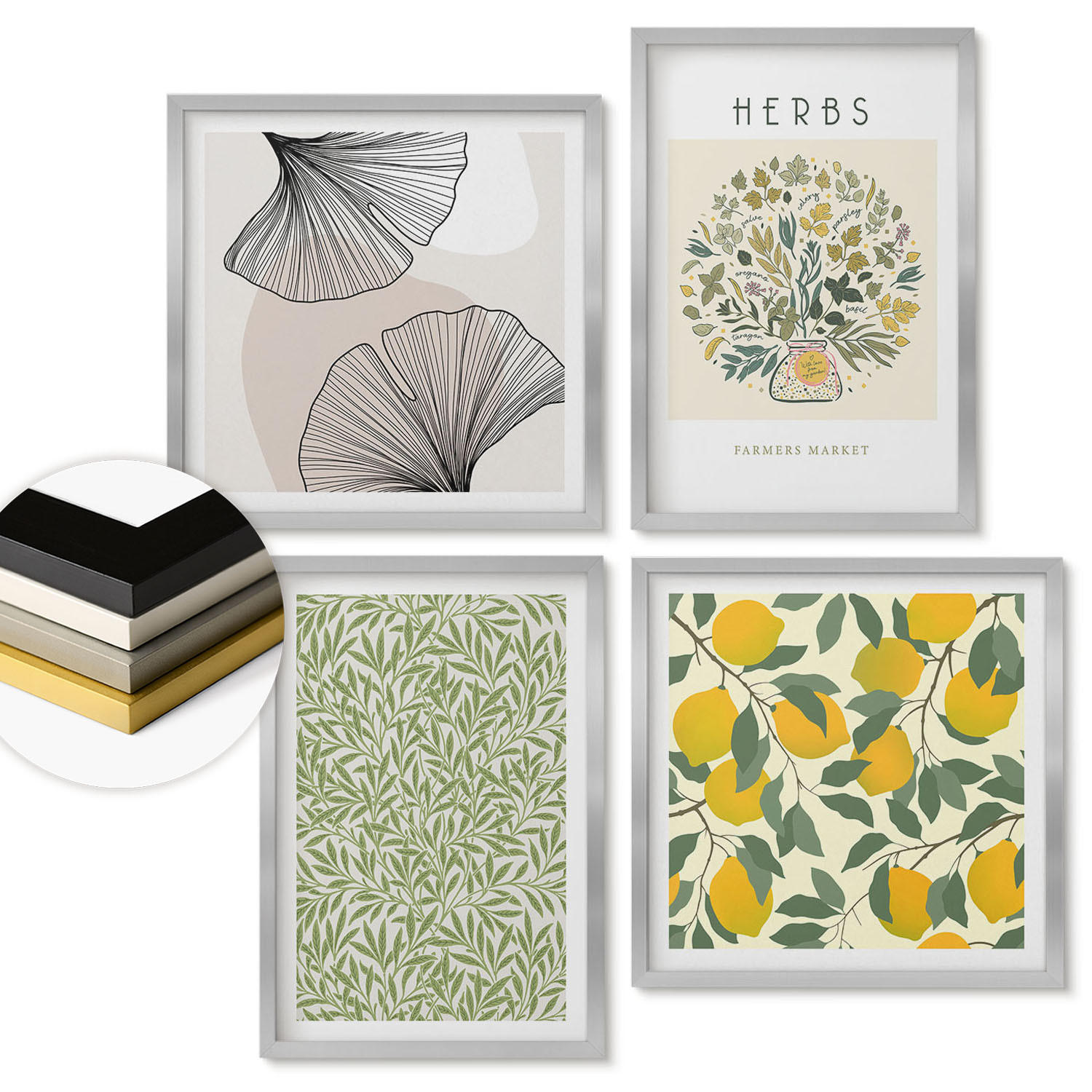 WANDBILDER 4er Set - 50x50 cm & 40x60 cm Silberner Rahmen - Zitronenkräuter und -blätter - Silberfarben, Kunststoff (50/50cm) - ArtPrintCave