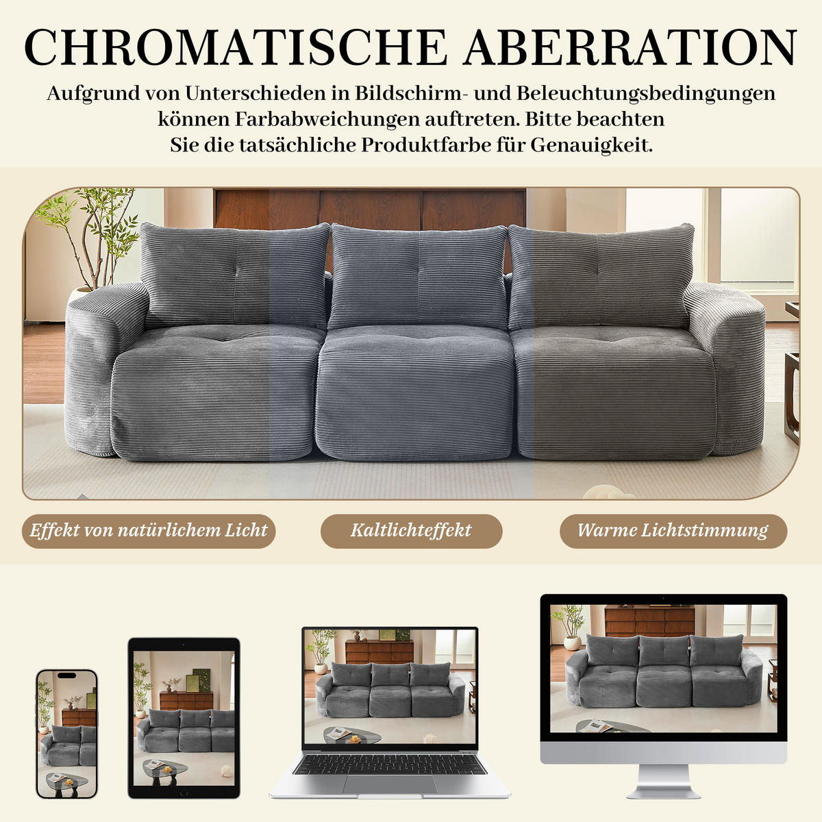 3-SITZER-SOFA 2+1 Wabi-Sabi Cord, DE-42909, Anthrazit - Grau, Textil (279/94/100cm) - ComfortXL