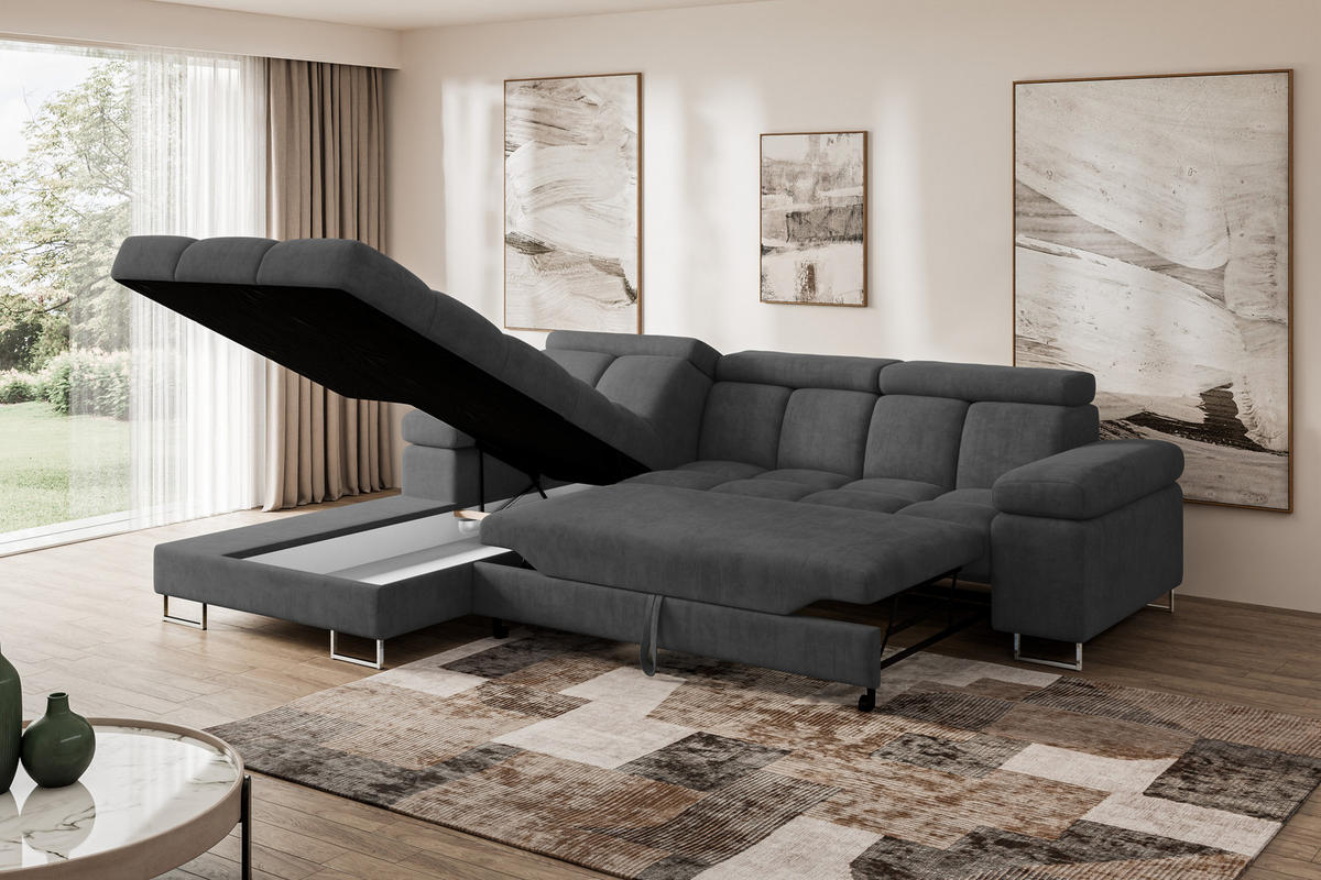 ECKSOFA mit Schlaffunktion Ottomane Links COMA L 271x203x79 Dunkelgrau Velours - Dunkelgrau, Holzwerkstoff/Textil (271/203cm) - ALTDECOR