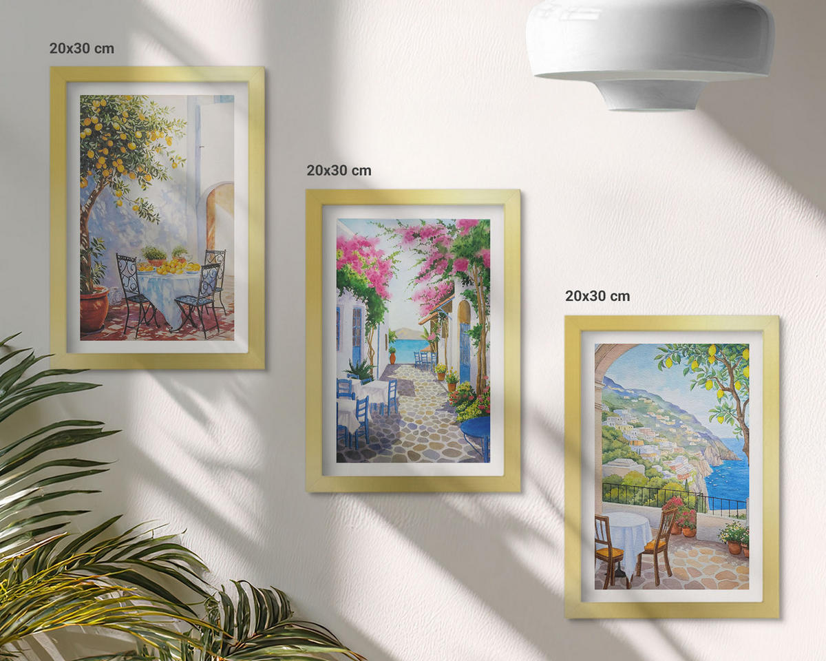 WANDBILDER 3er Set - 20x30 cm Goldrahmen - Charmante Straßen, Pflanzen, Meer - Goldfarben, Kunststoff (20/30cm) - ArtPrintCave