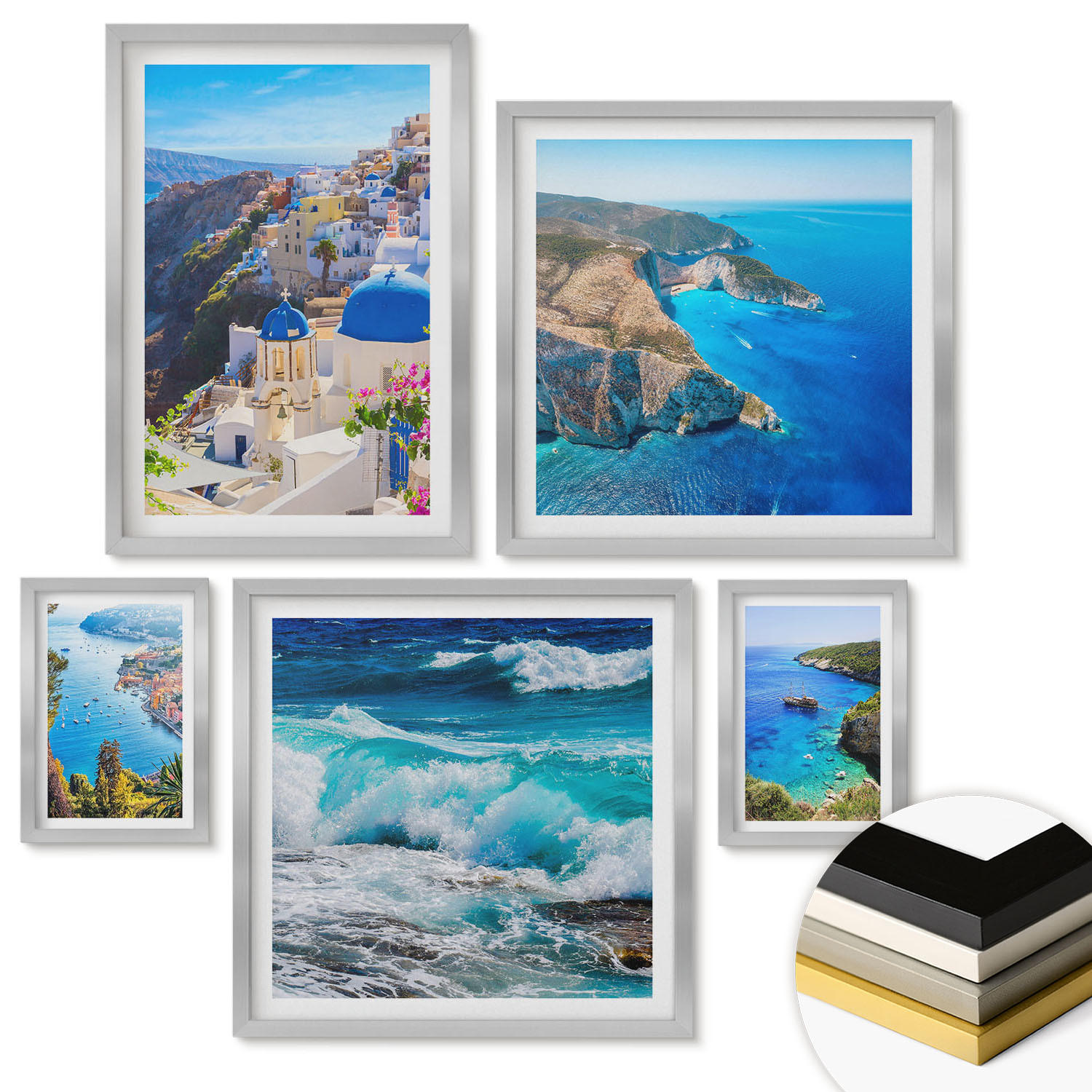 WANDBILDER 5er Set - 50x50 cm & 20x30 cm & 40x60 cm Silberner Rahmen - Griechische Ansichten von Santorin Oia - Silberfarben, Kunststoff (40/60cm) - ArtPrintCave