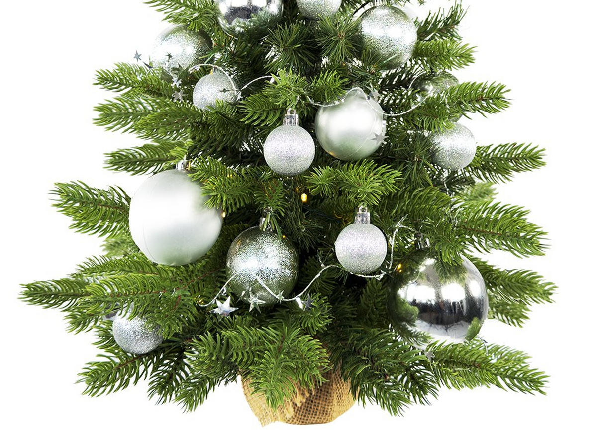 WEIHNACHTSBAUM künstlicher 60 cm mit LED-Beleuchtung, SILBERWEIHNACHTEN II, mit 34 Weihnachtsbaumschmuck, Pflanztopf mit Jutesack - Silberfarben/Grün, Kunststoff/Stein (40/60cm) - LAALU