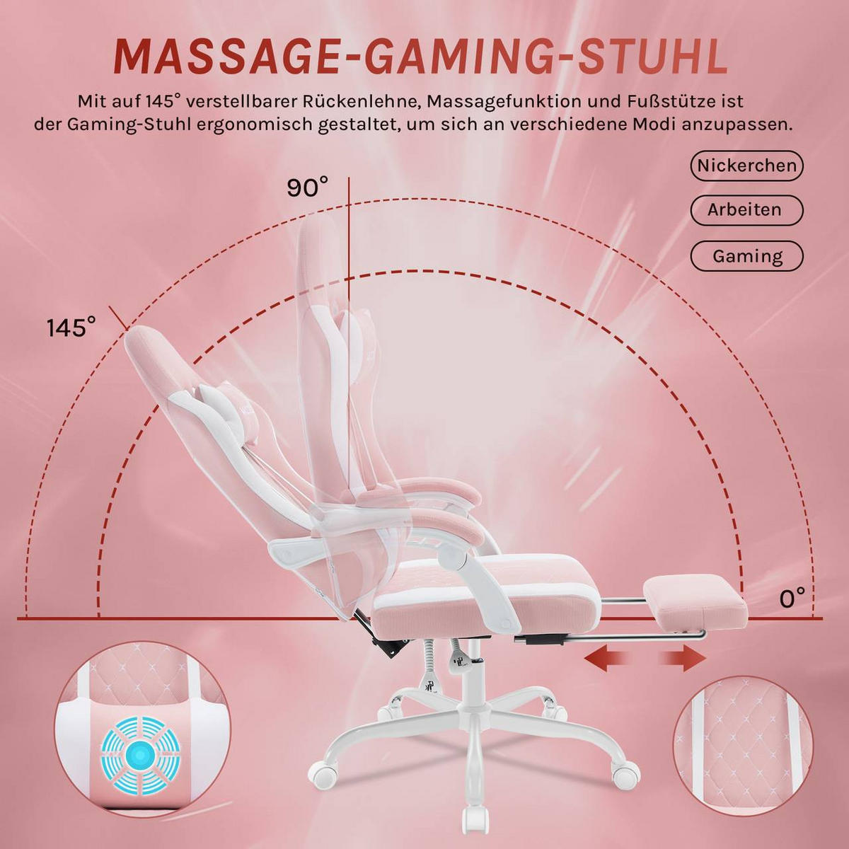 GAMINGSTUHL mit Massagefunktion, Netzstoff, Rosa+Weiß - Weiß/Rosa, Textil/Metall (70/127/70cm) - Woltu