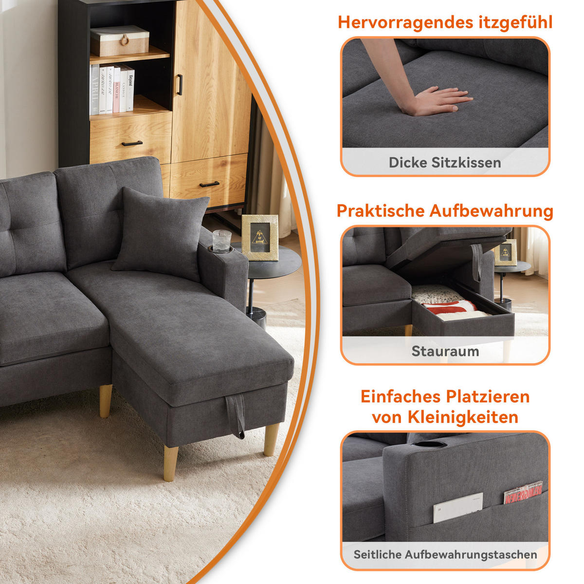 ECKSOFA 175/129/90 cm dunkelgrau aus Baumwoll-Leinen mit Stauraum - Dunkelgrau, Textil (175/129cm) - OKWISH