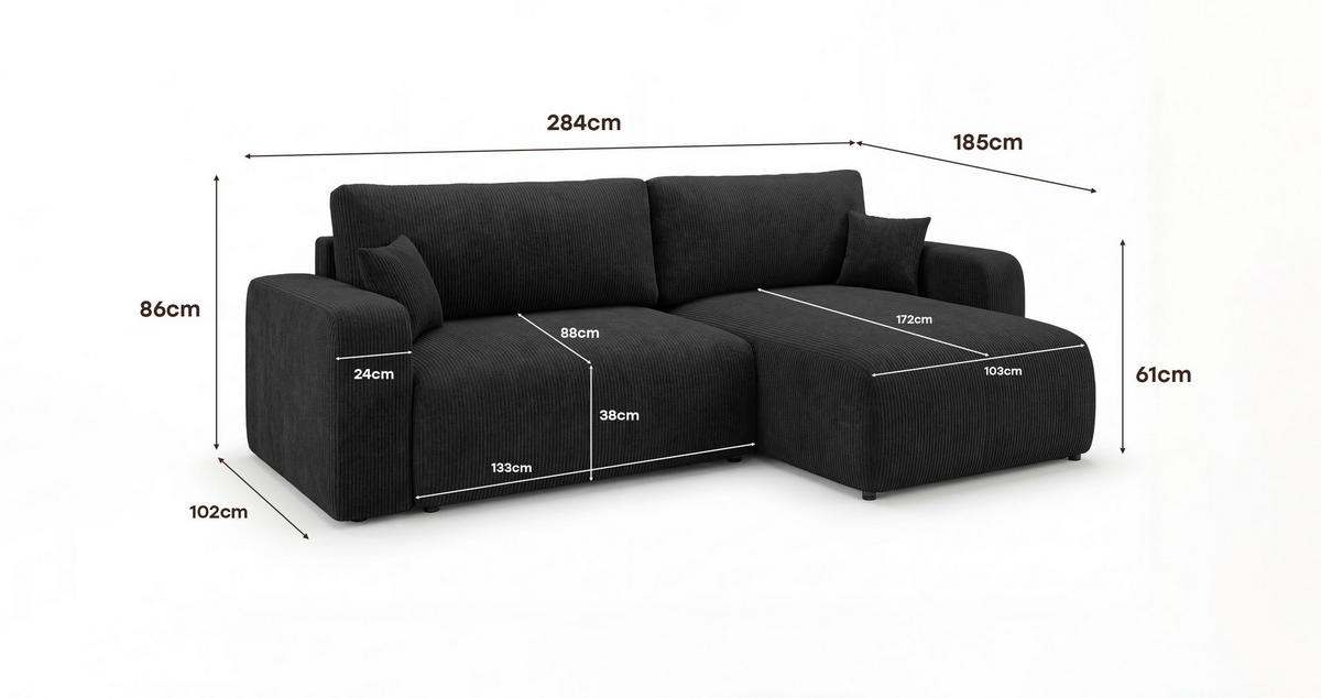 ECKSOFA BERLIN rechts schwarz Cord Poso 135 - Schlaffunktion, Bettkasten - Schwarz, Textil (285/184cm) - Cornero
