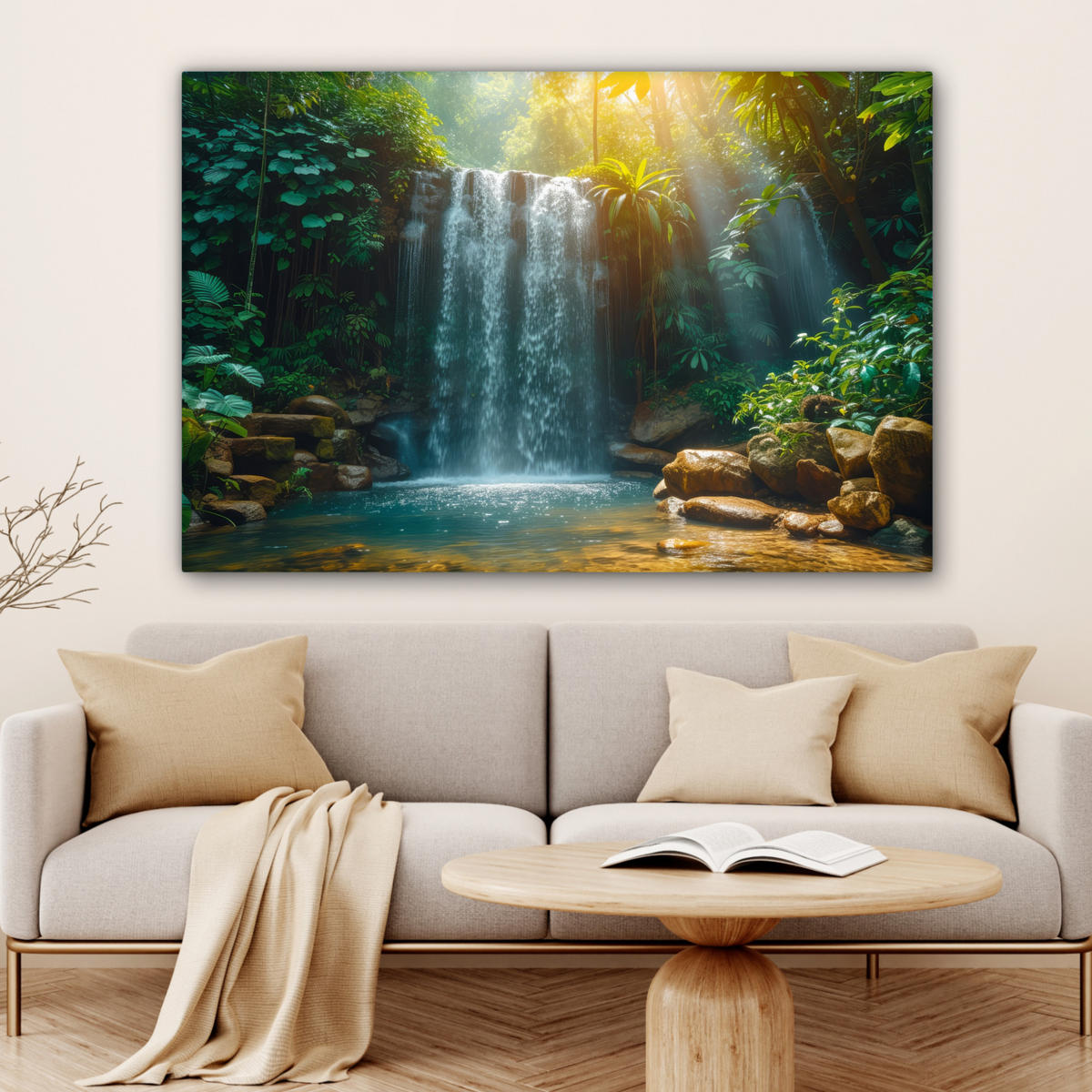LEINWANDBILD Wasserfall - Dschungel - Sonne - Grün - Natur Wohnzimmer 120x80 cm - Grün, Textil (120/80cm) - MuchoWow