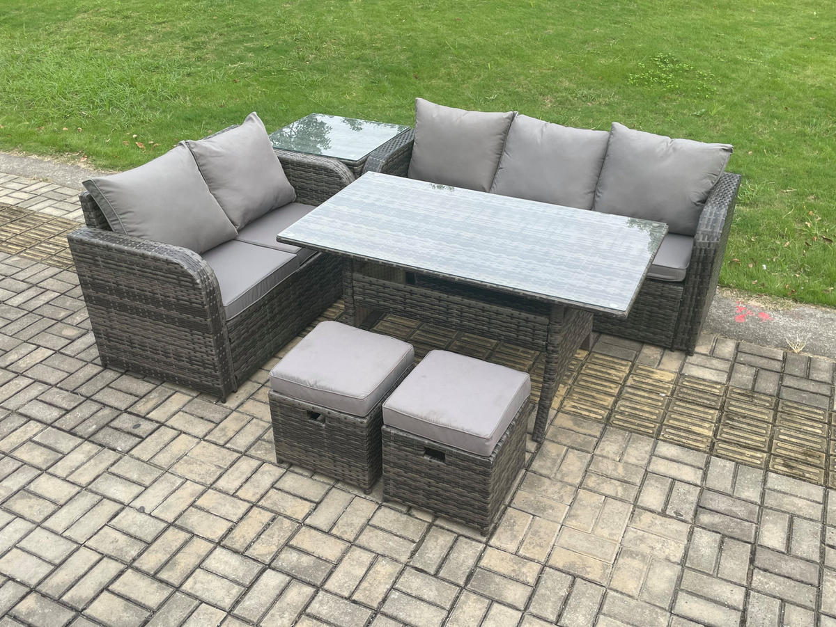 Gartenmöbelset mit Esstisch,Zweisitzer,Hocker,Beistelltisch Polyrattan Dunkelgrau 7-Sitzer - Dunkelgrau/Grau, Glas/Kunststoff - Fimous